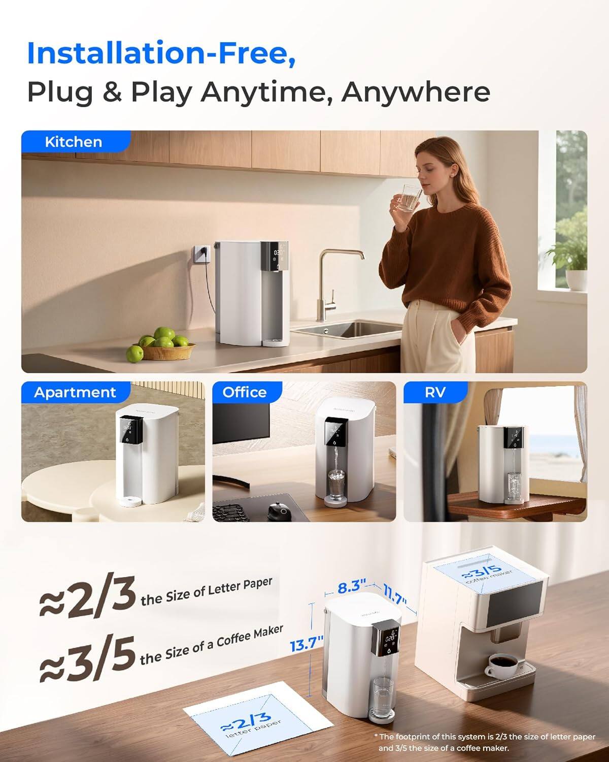 Installation-Free, Plug & Play Anytime, Anywhere

Kitchen

Apartment

Office

RV

≈2/3 the Size of Letter Paper

≈3/5 the Size of a Coffee Maker

The footprint of this system is 2/3 the size of letter paper and 3/5 the size of a coffee maker.