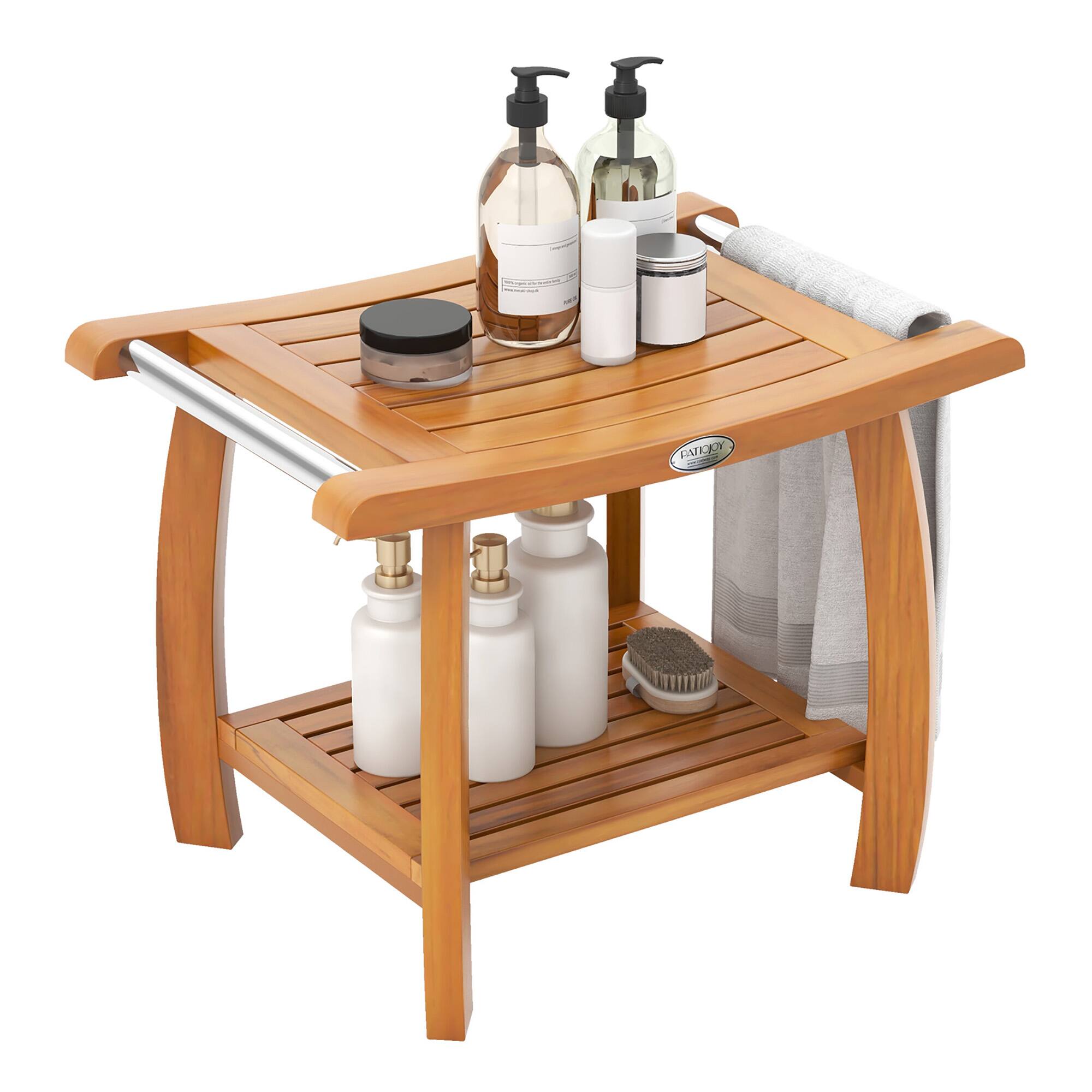 Gymax - Teak Wood Shower Bench 2-Tier Wooden Shower Stool w/ Curved Seat Handles Small - Natural