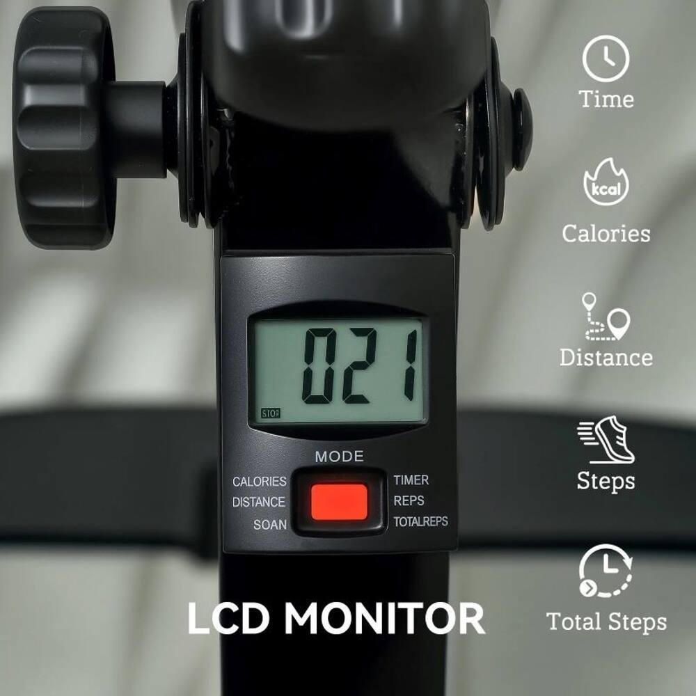 Time kcal Calories 02 1 S109 Distance MODE CALORIES TIMER DISTANCE REPS SOAN TOTALREPS Steps L LCD MONITOR Total Steps