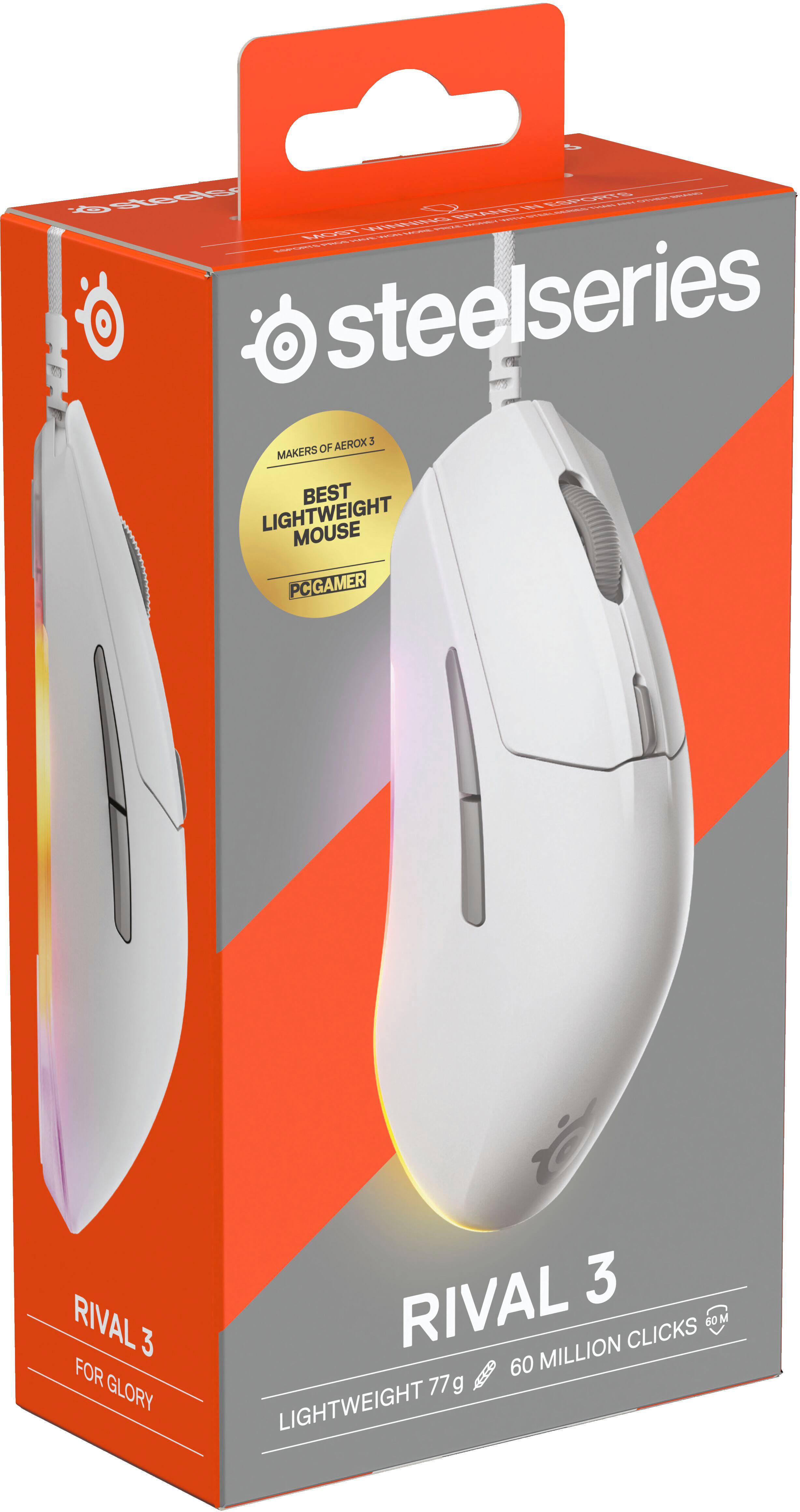 The text on the image reads:

"Steelseries AEROX 3: Makers of the best lightweight mouse. Rival 3 for glory. Rival 3 60M clicks. 60 million clicks. Lightweight."