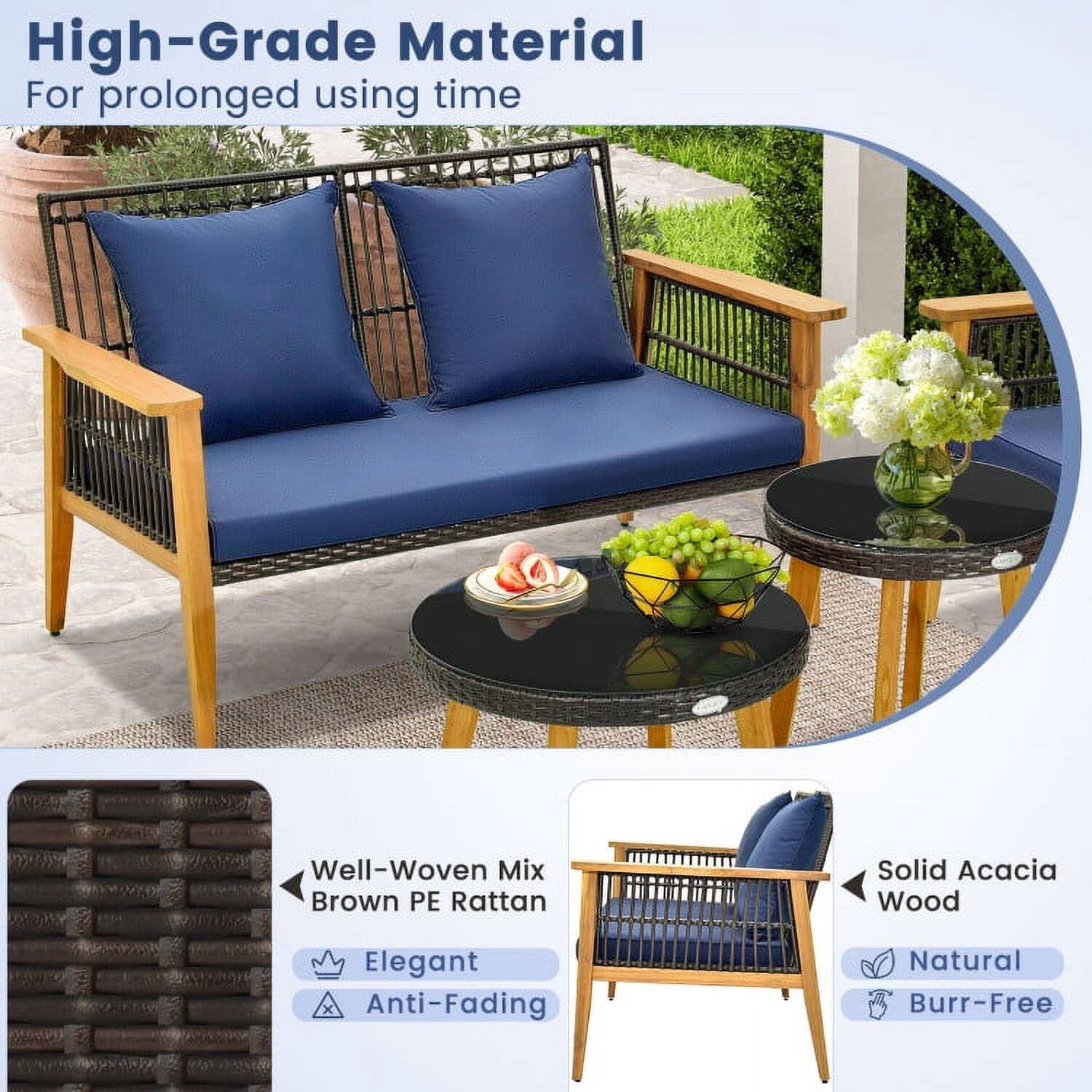 High-Grade Material  
For prolonged using time  

Well-Woven Mix Brown PE Rattan  
Elegant  
Anti-Fading  

Solid Acacia Wood  
Natural  
Burr-Free