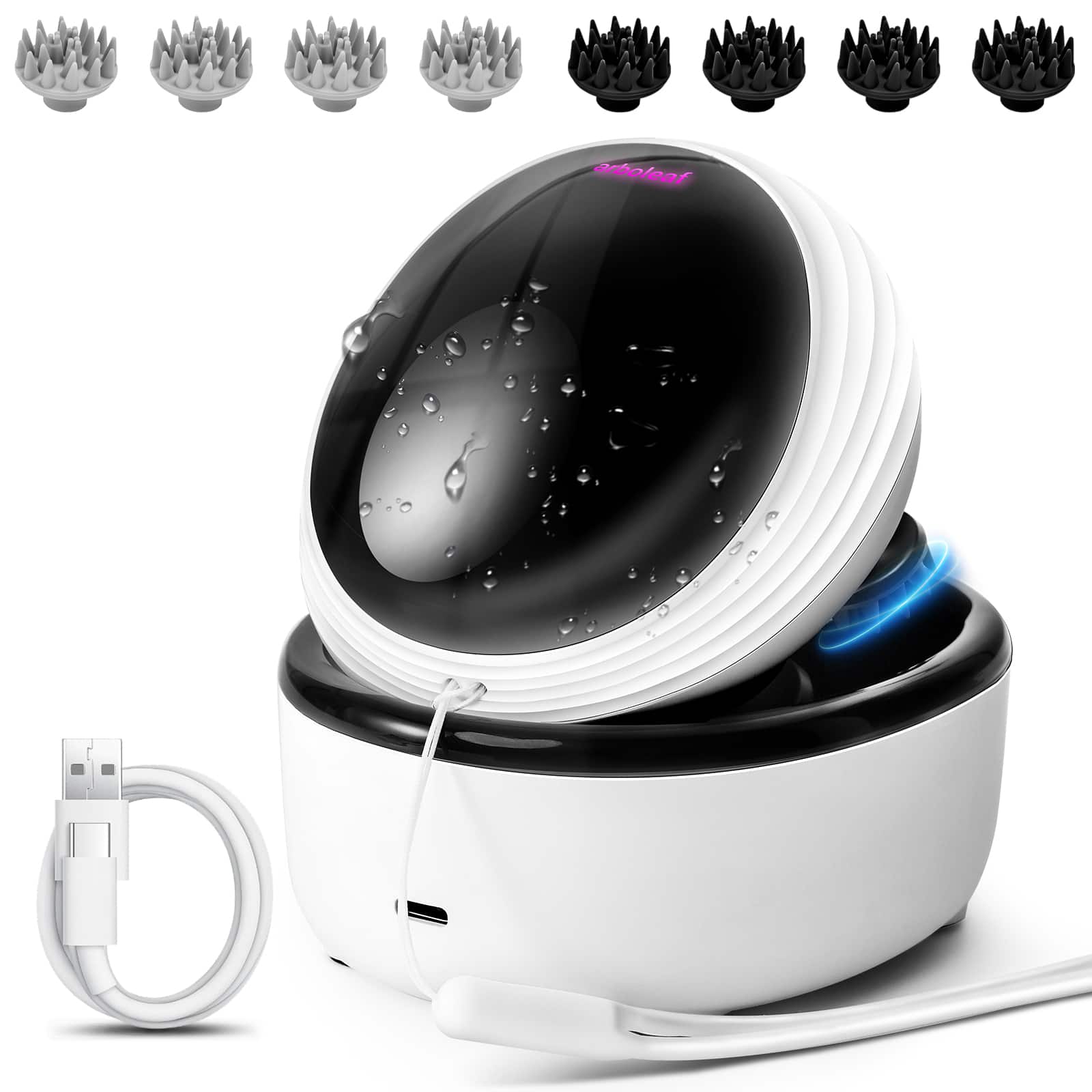 Arboleaf - Electric Scalp Massager, Waterproof Rechargeable Portable Head Massager, 6-in-1 Hair Massage, Gift - White & Black