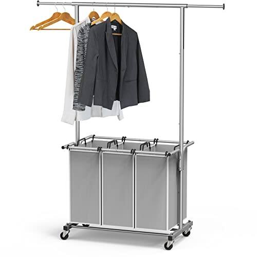 Front. DORLUKFU - Simple Houseware 3 Bags Laundry Sorter with Extensible Clothes Hanging Rod - ‎Silver.