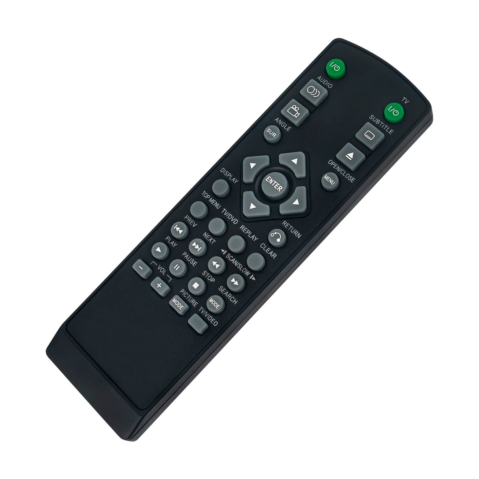 - ANGLE SUR DISPLAY ENTER TOP MENU PREV TV/DVD 144 NEXT REPLAY RETURN PLAY A PAUSE CLEAR L Il 44 SCAN/SLOW VOL STOP + MODE PICTURE MODE SEARCH TV/VIDEO 1/0 AUDIO TV 1/0 SUBTITLE MENU OPEN/CLOSE