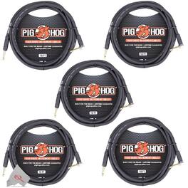 Pig Hog - Tour Grade 10ft Instrument Cable 1/4 Inch to 1/4 Inch Right Angle to Straight Connectors - PH10R - 5 Units