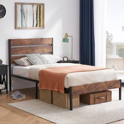 Front. Hivvago - Hivvago Twin Industrial Platform Bed Frame with Wood Slatted Headboard Footboard - Brown.