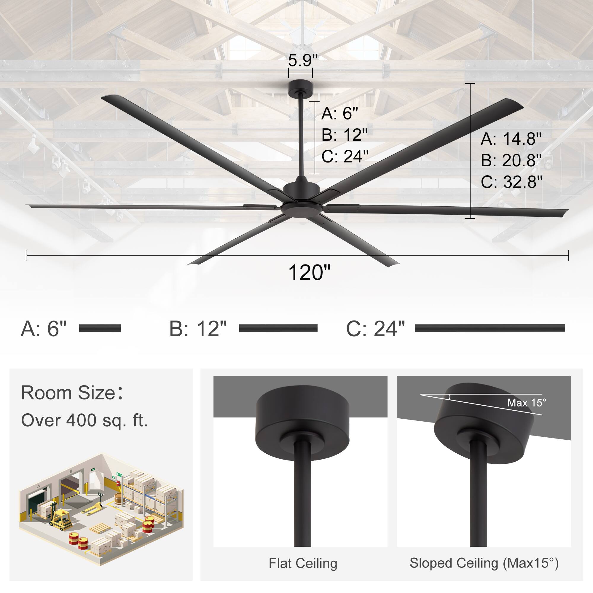 5.9"  
A: 6"  
B: 12"  
C: 24"  
A: 14.8"  
B: 20.8"  
C: 32.8"  
120"  

Room Size: Over 400 sq. ft.  

Flat Ceiling  
Sloped Ceiling (Max 15°)
