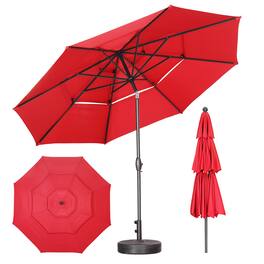 Ainfox - 10 FT 3-Tier Patio Umbrella with Base Outdoor Market Umbrella with Crank and Tilt for Garden Lawn Backyard Pool - Red