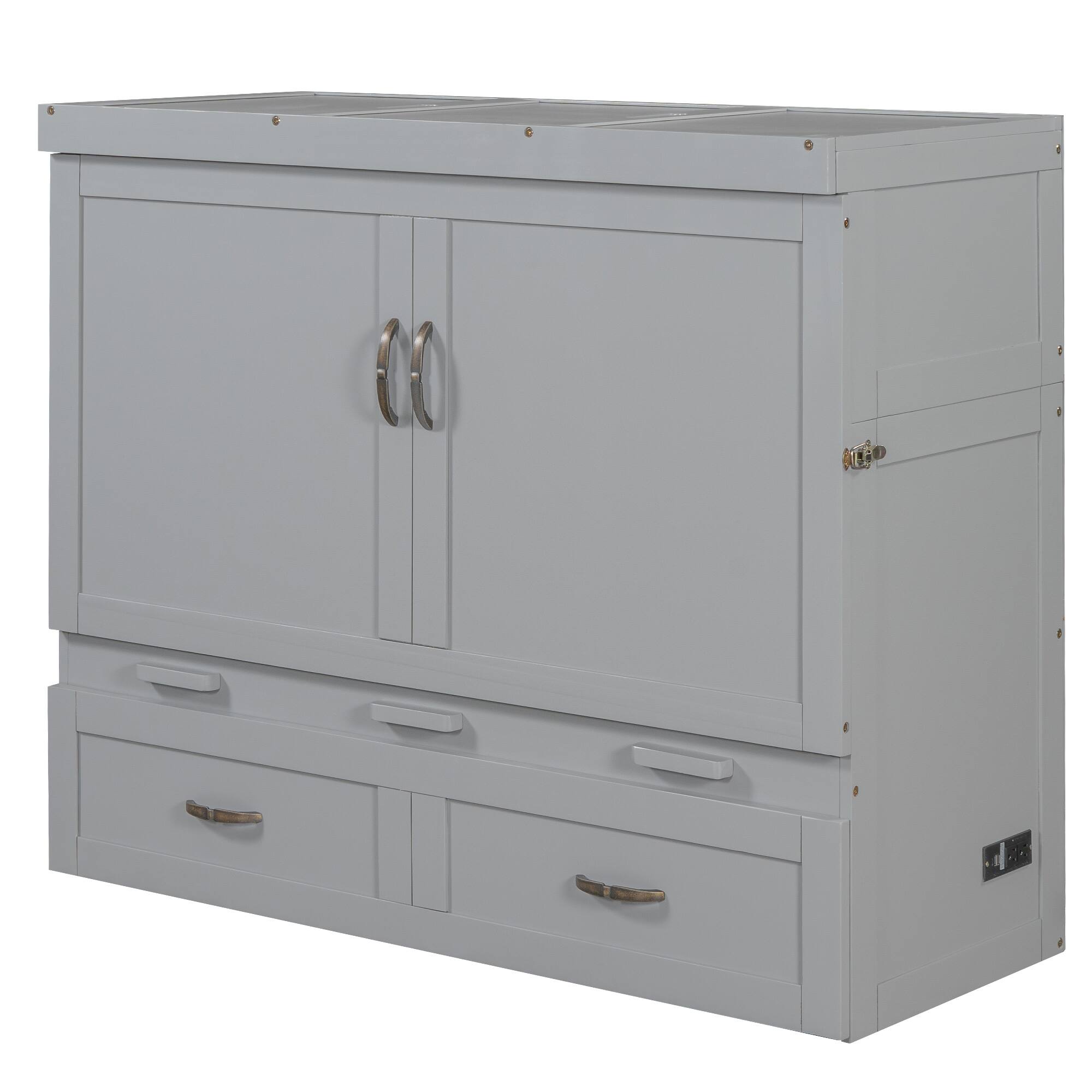 Alt View 1. Tiramisubest - Full Size Gray Murphy Bed with USB Ports, Drawers & Metal Handles, Solid Wood + MDF - Gray.