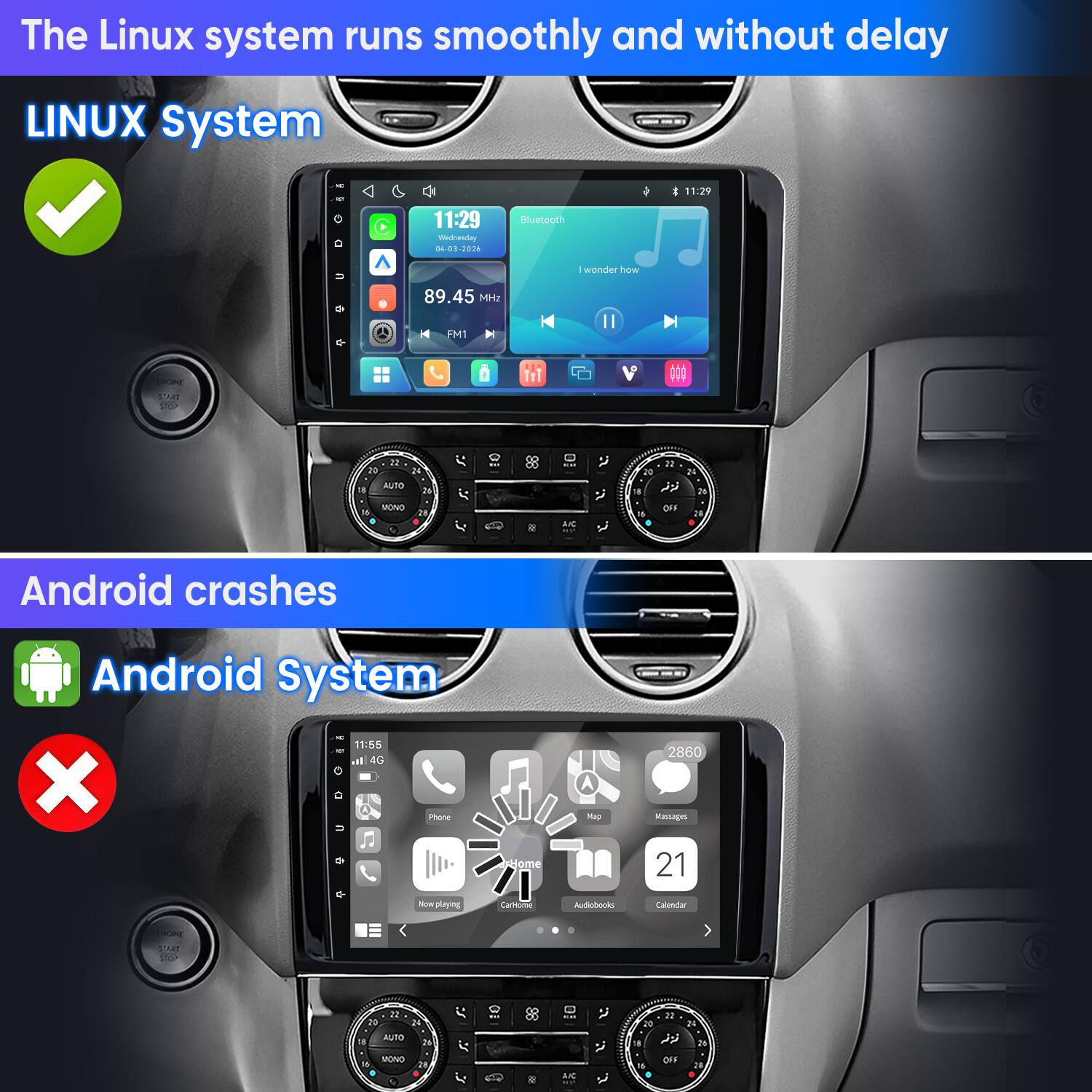 The Linux system runs smoothly and without delay

LINUX System
1% BY 0
11:29 Wednesday 04-03-2026
Bluetooth
11:29
U 
89.45 MHz
I wonder how

FM1
ENGINE
START
22 20 24 AUTO 8 26
-
22 20 N 18  26
MONO 16
28
A/C

OFF

Android crashes
Android System 11:55 all 4G X 0 Phone U 
Home
Nap
2860 Massages 21
flow playing
CarHome
Audiobooks
Calendar
ENGINE
TALIZ
22 20 24 AUTO  MONO 24
. AIC

22 20 24  24 OFF X