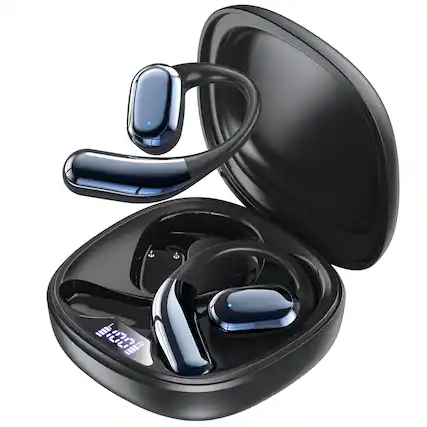 Front. Trigiz - Open Ear Wireless Earbuds with Hi-Fi Stereo, Bluetooth 5.4, 60H Playtime & LED Display, IPX7 for Fitness & Cycling - Black.