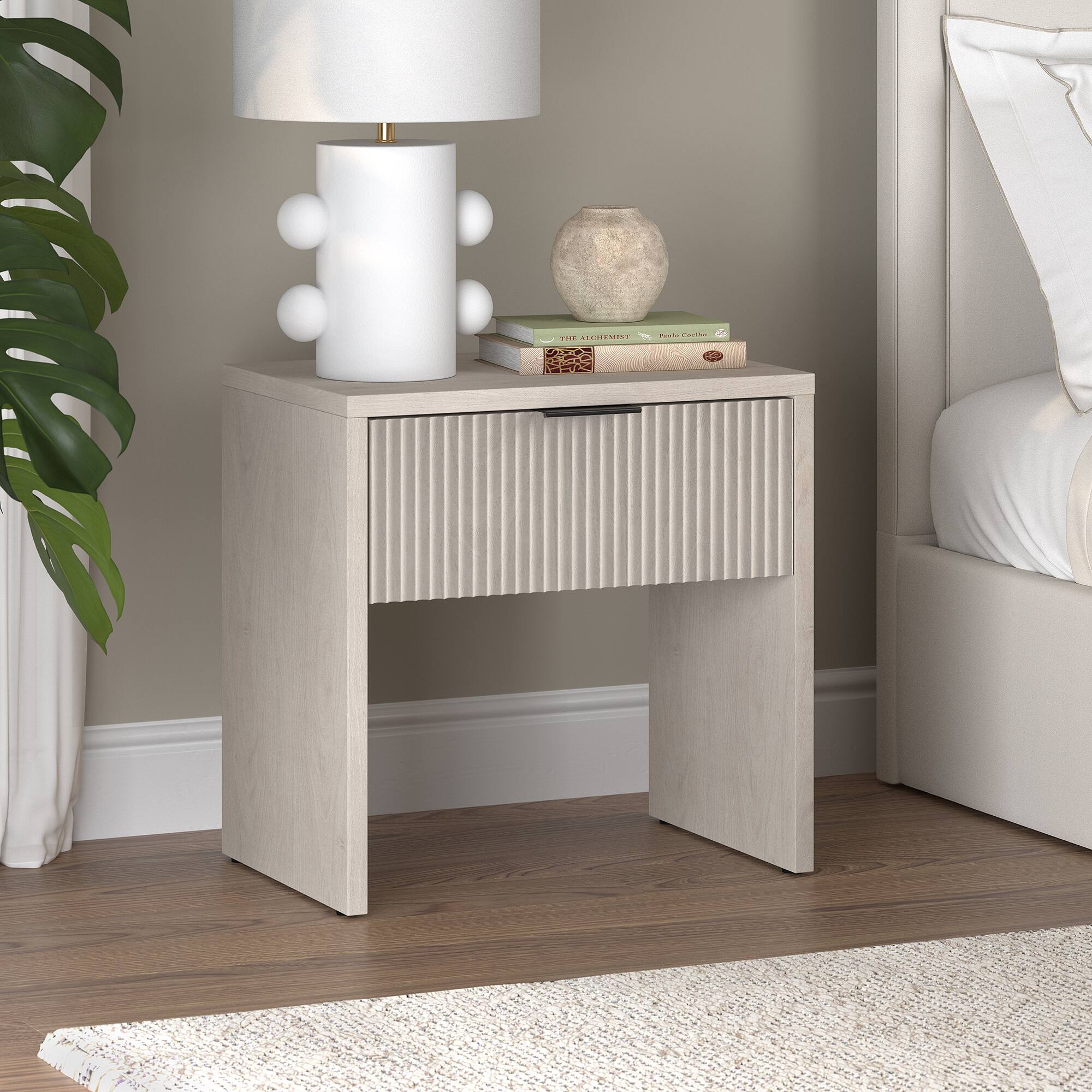 Alt View 2. Hudson&Canal - Kenslow 24" Wide Rectangular Fluted Nightstand in Alder White - White.