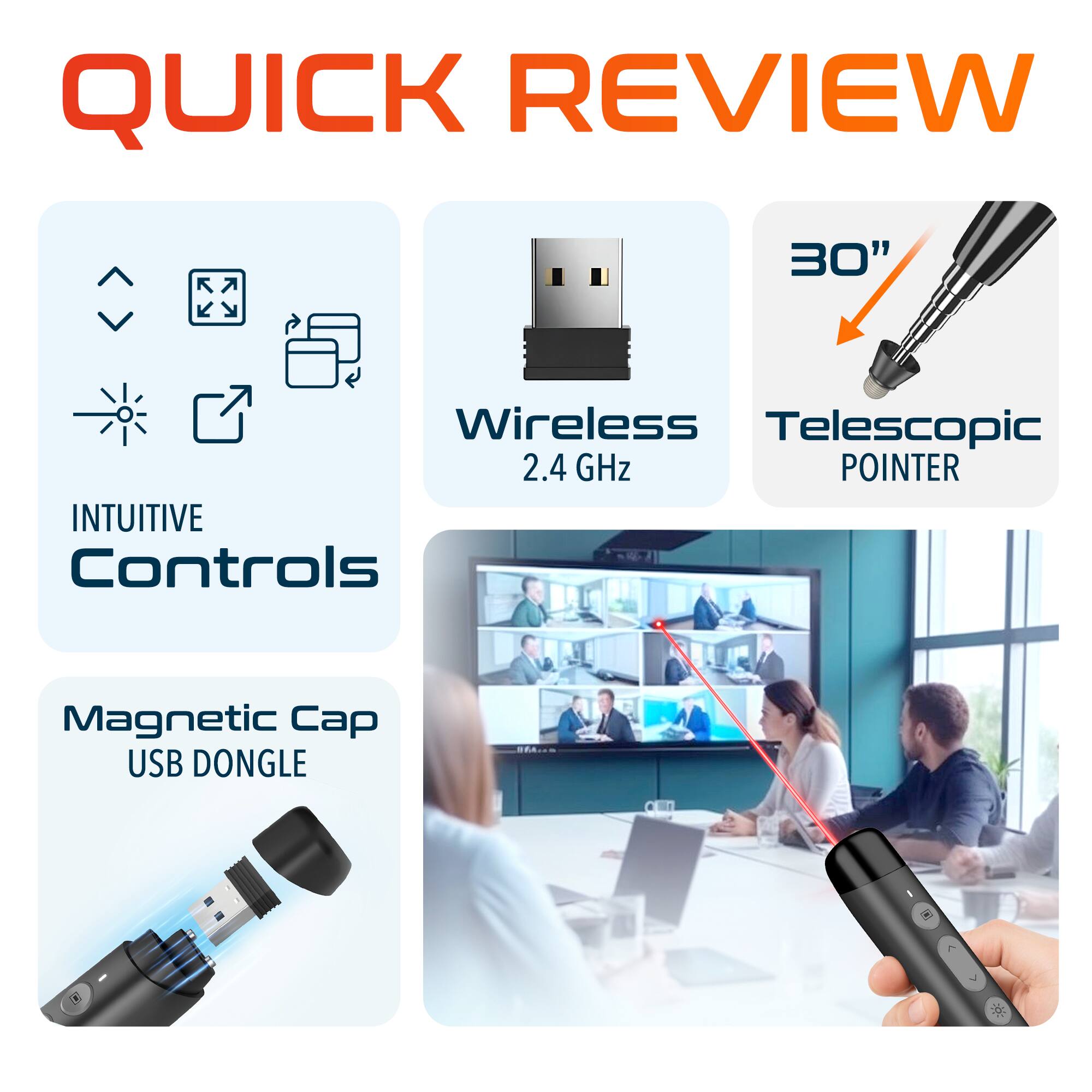 QUICK REVIEW, Wireless 2.4 GHz POINTER, INTUITIVE Controls, Magnetic Cap USB DONGLE