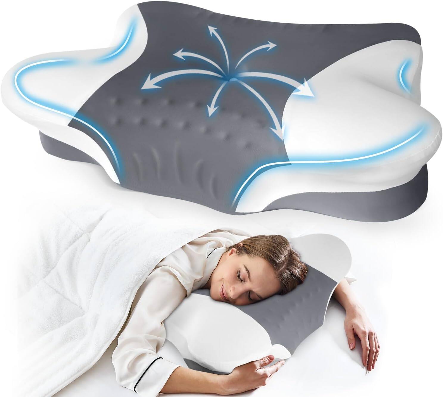 Front. FINEAK - Ergonomic Memory Foam Neck Pillow for Pain Relief & Support - Dark Grey.