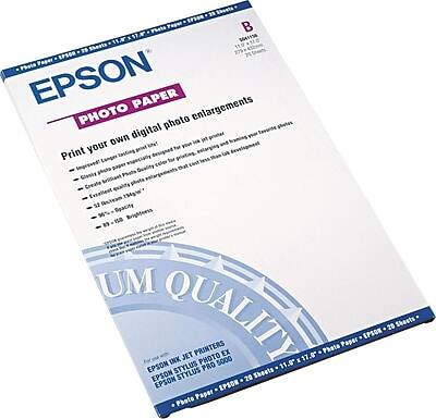 Sure, here is the corrected and grouped text from the image:

---

**EPSON PHOTO PAPER**

**Print your own digital photo enlargements**

- **Longer-lasting prints** - EPSON's unique pigment inks are resistant to fading and discoloration.
- **Vibrant colors** - EPSON's advanced ink technology produces vivid, accurate colors.
- **Glossy finish** - EPSON's glossy photo paper provides a professional, high-quality finish.
- **Water-resistant** - EPSON's water-resistant paper protects your prints from accidental spills.
- **100% lignin-free** - EPSON's paper is acid-free and lignin-free, ensuring longevity.

**EPSON QUALITY INK STYLUS JET PRINTERS PHOTO PRO 5000 EX**

**EPSON EPSOR Photo Paper**

- **100 Sheets**
- **Size:** 11.0" x 17.0"
- **Brightness:** 158
- **Glossiness:** 30%
- **Weight:** 100 g/m²

**For use with EPSON INKJET PRINTERS**

**EPSON STYLUS PHOTO PRO 5000 EX**

**