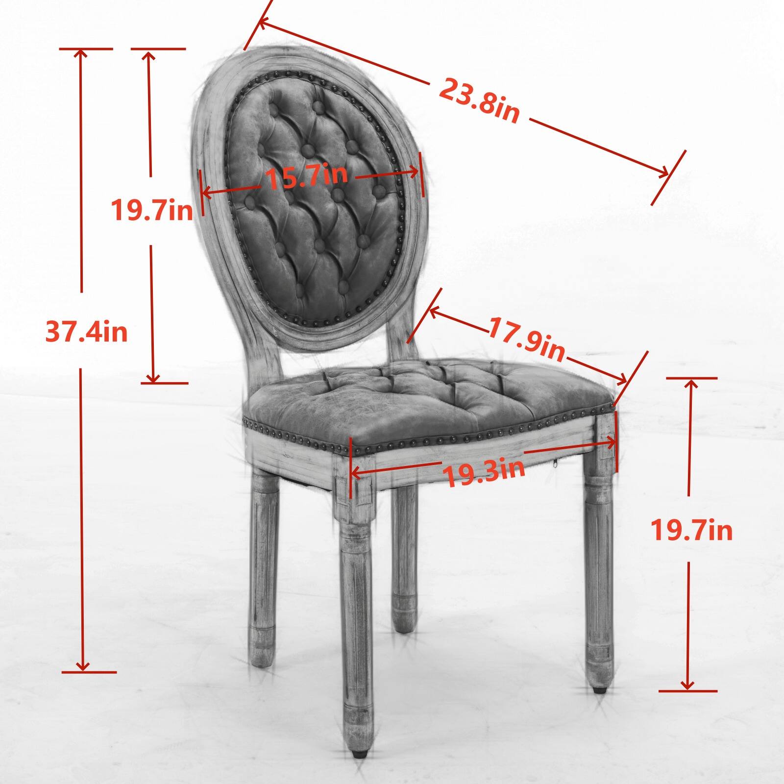 - Height: 37.4 in
- Width: 23.8 in
- Depth: 19.7 in
- Seat Height: 19.3 in
- Seat Width: 17.9 in
- Back Height: 19.7 in
- Back Width: 15.7 in