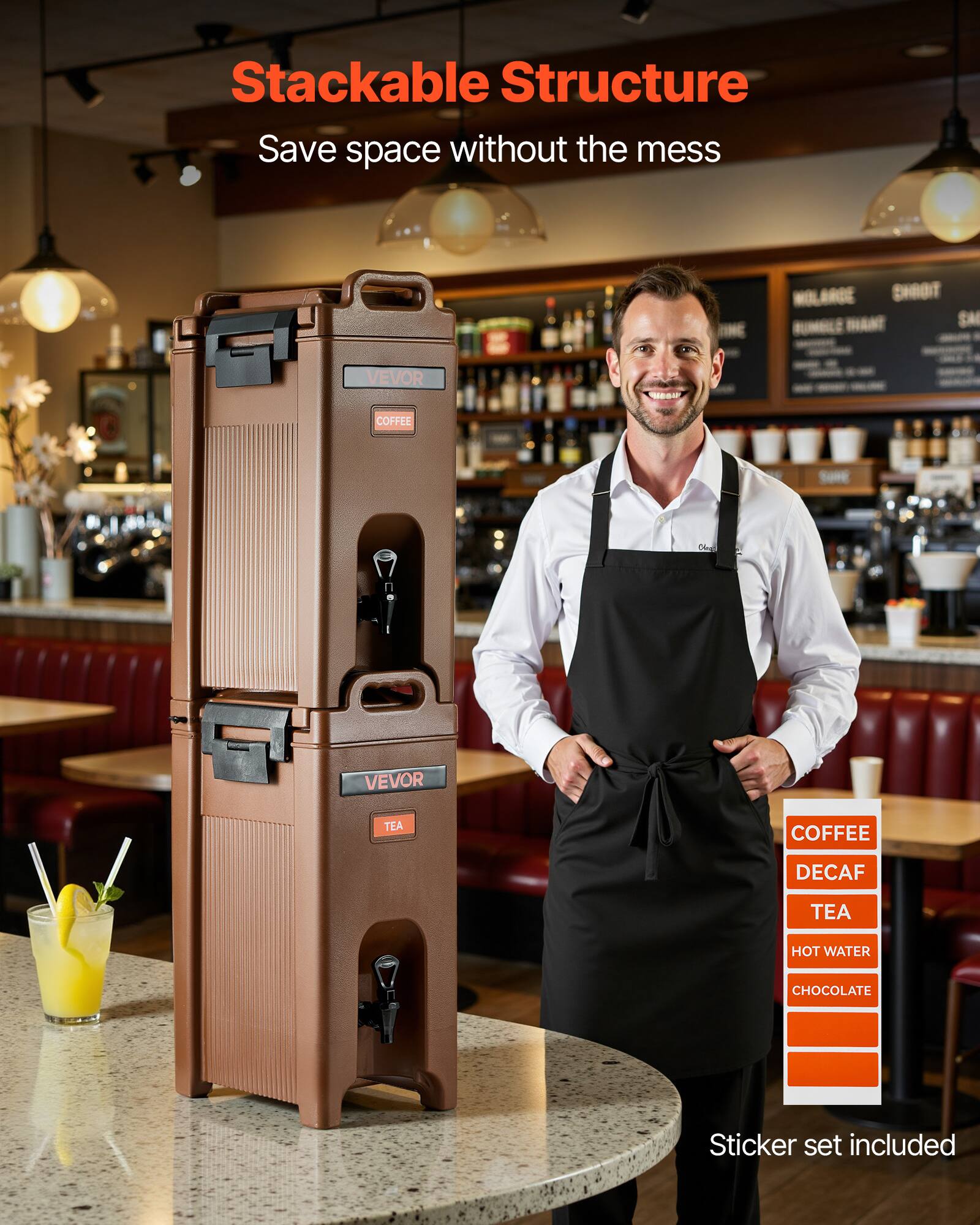 Stackable Structure  
Save space without the mess  

COFFEE  
DECAF  
TEA  
HOT WATER  
CHOCOLATE  

Sticker set included