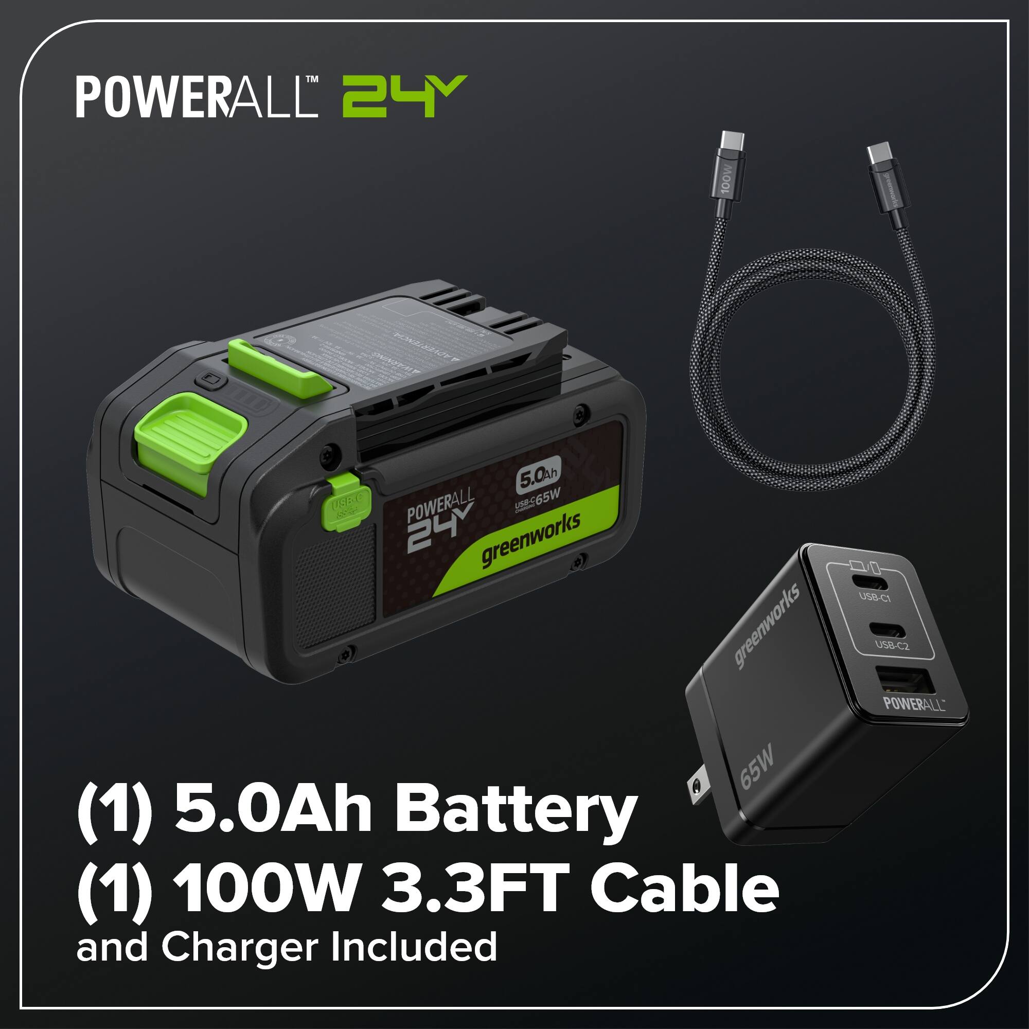 POWERALL 24Y  
100W  
EF 5.0%h  
DUAL  
POWERALL G5W  
greenworks  
greenworks  
65W  
(1) 5.0Ah Battery  
(1) 100W 3.3FT Cable and Charger Included  
USB-C  
POWERALL