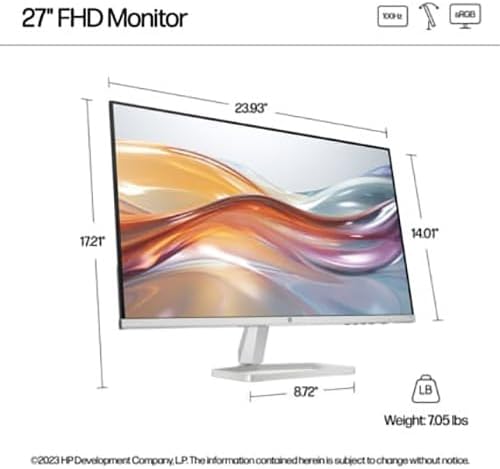 27" FHD Monitor  
23.93"  
17.21"  
14.0"  
8.72"  
Weight: 7.05 lbs  
©2023 HP Development Company, LP. The information contained herein is subject to change without notice.