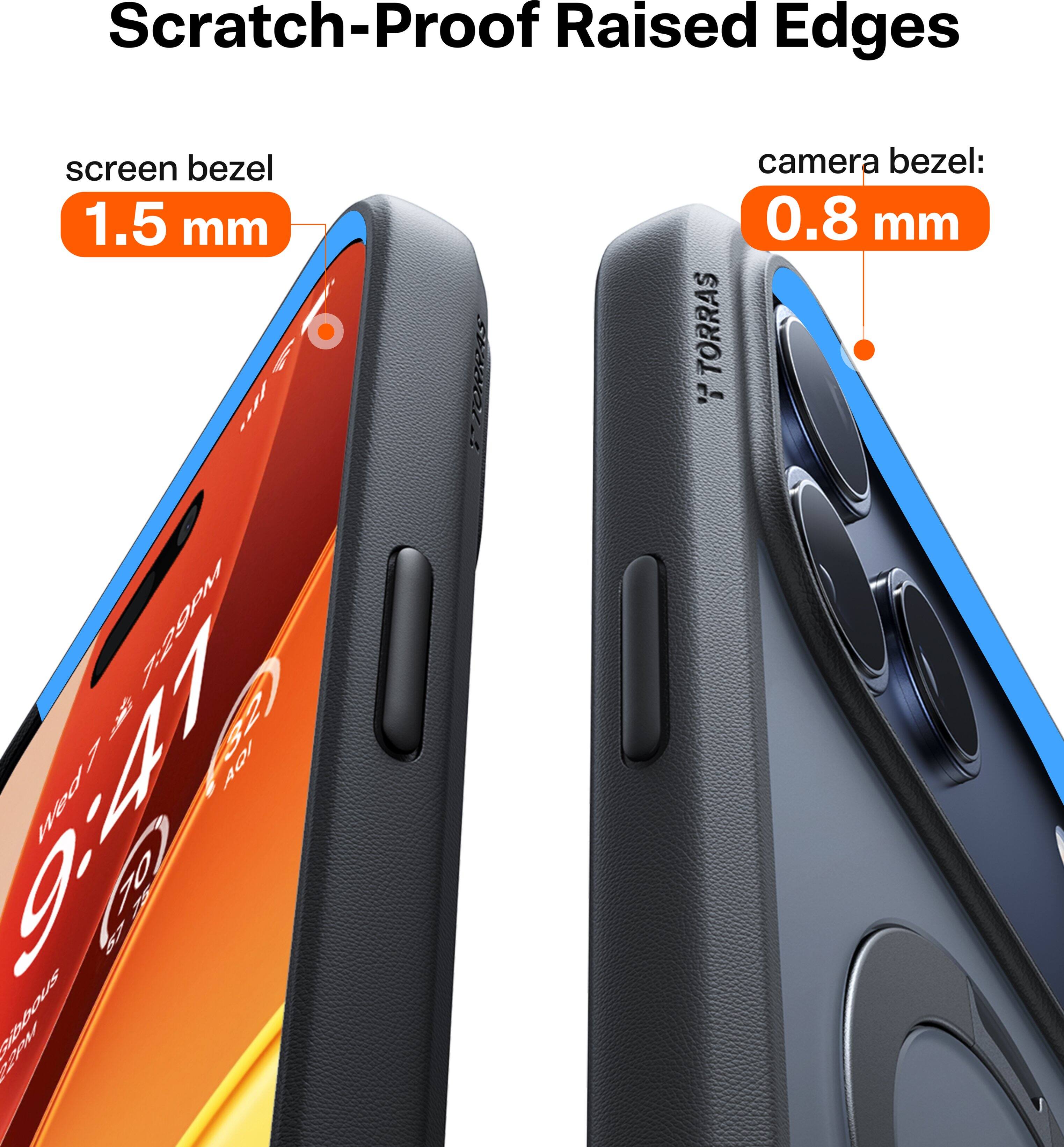 Scratch-Proof Raised Edges

screen bezel: 1.5 mm

camera bezel: 0.8 mm