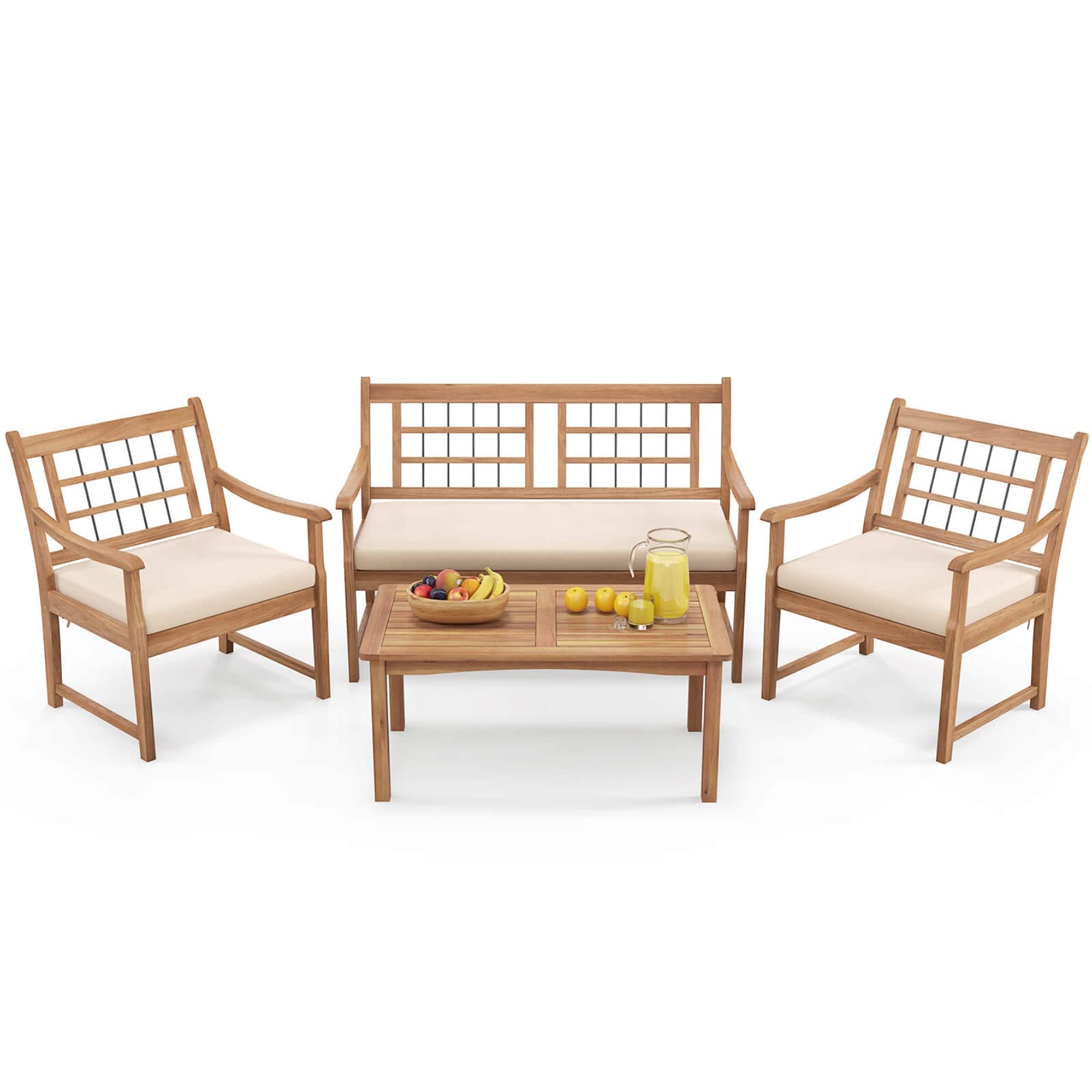 Gymax - Set of 4 Wood Furniture Set w/ Seat Cushions & Solid Acacia Wood Frame Outdoor Off - White