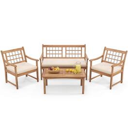 Gymax - Set of 4 Wood Furniture Set w/ Seat Cushions & Solid Acacia Wood Frame Outdoor Off - White