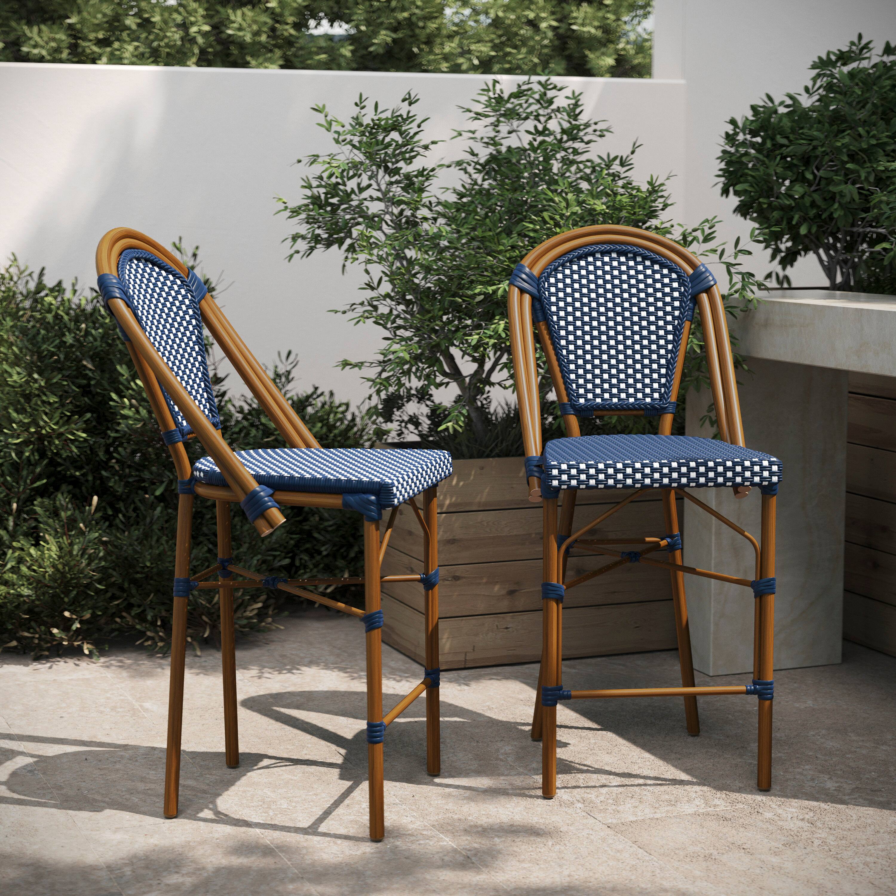 Alt View 2. Flash Furniture - Bordeaux Set of 2 Stackable Indoor/Outdoor Bistro 26" High Counter Height Stools, Commercial Grade, Navy/White and Bambo - Blue.