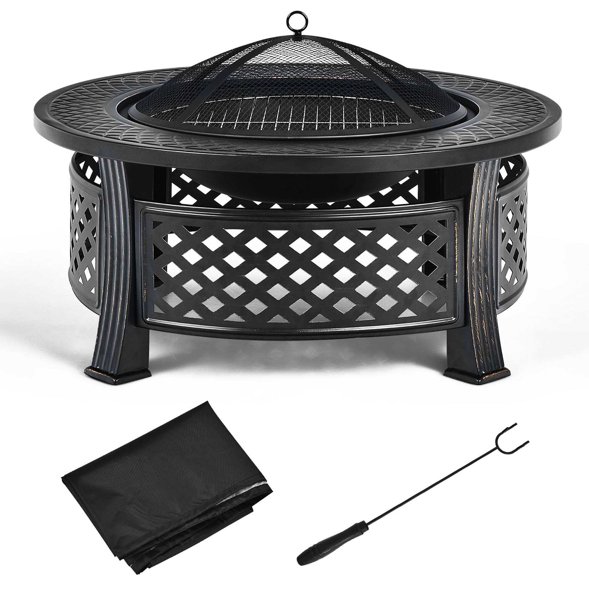 Alt View 21. Costway - 32'' Round Fire Pit Set W/ Rain Cover BBQ Grill Log Grate Poker - Black.