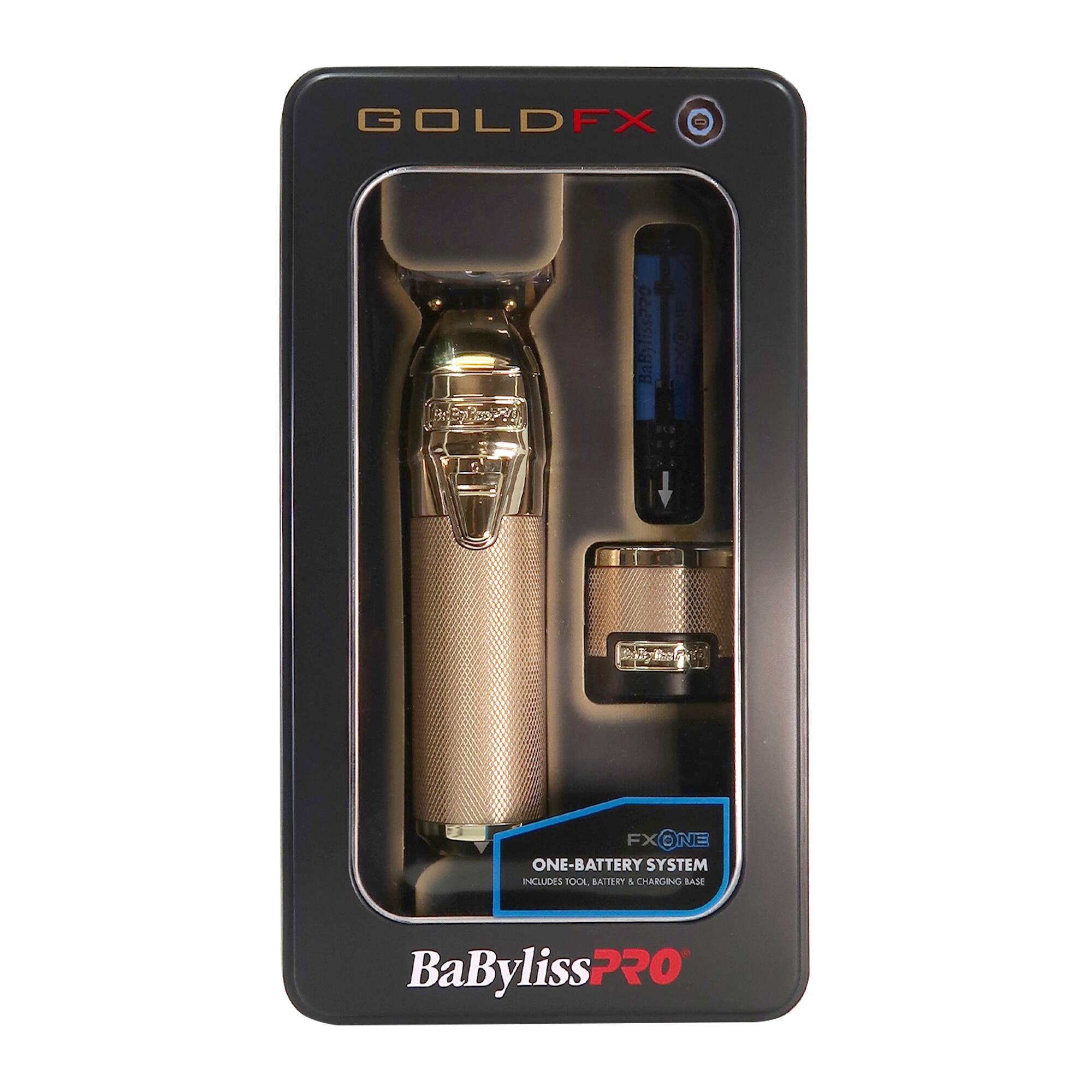 GOLD FX BaByliss?0 yRarkc FX ONE . ONE-BATTERY SYSTEM INCLUDES FOOL BATTERY & CHARGING BASE BaByliss PRO