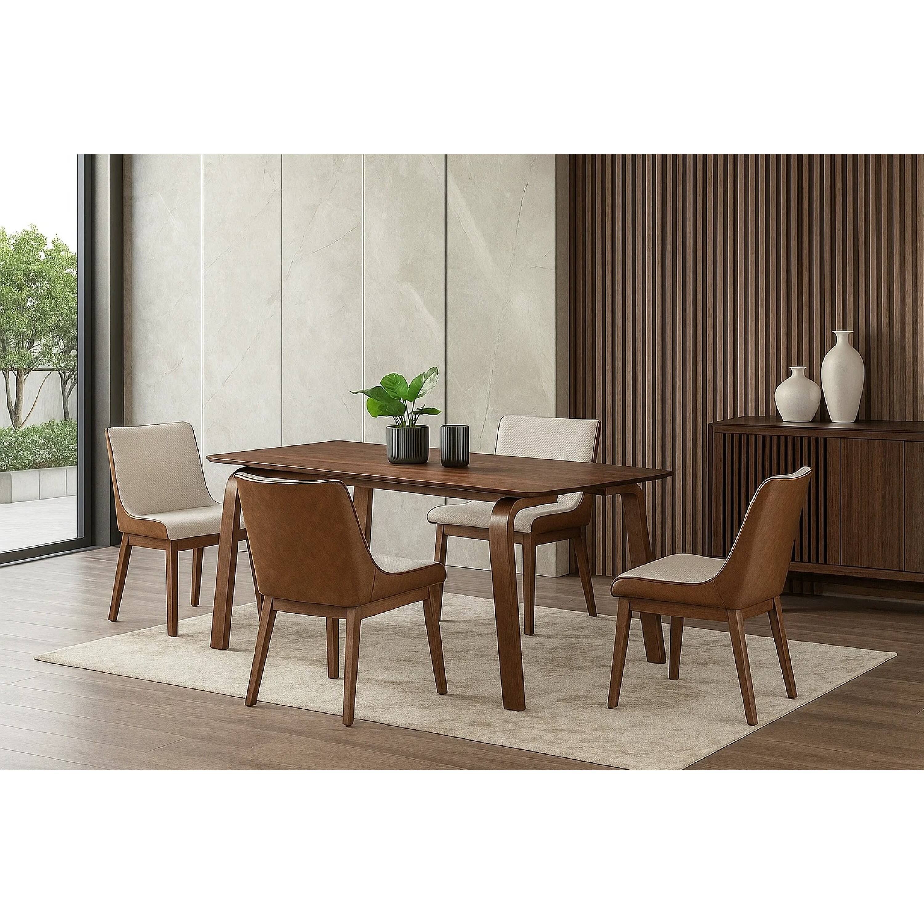 Alt View 5. Manhattan Lane - Iken 5pc Dining Table Set, 4 Cream Fabric Chairs, Tapered Legs, Brown Wood - Walnut Brown, Cream.