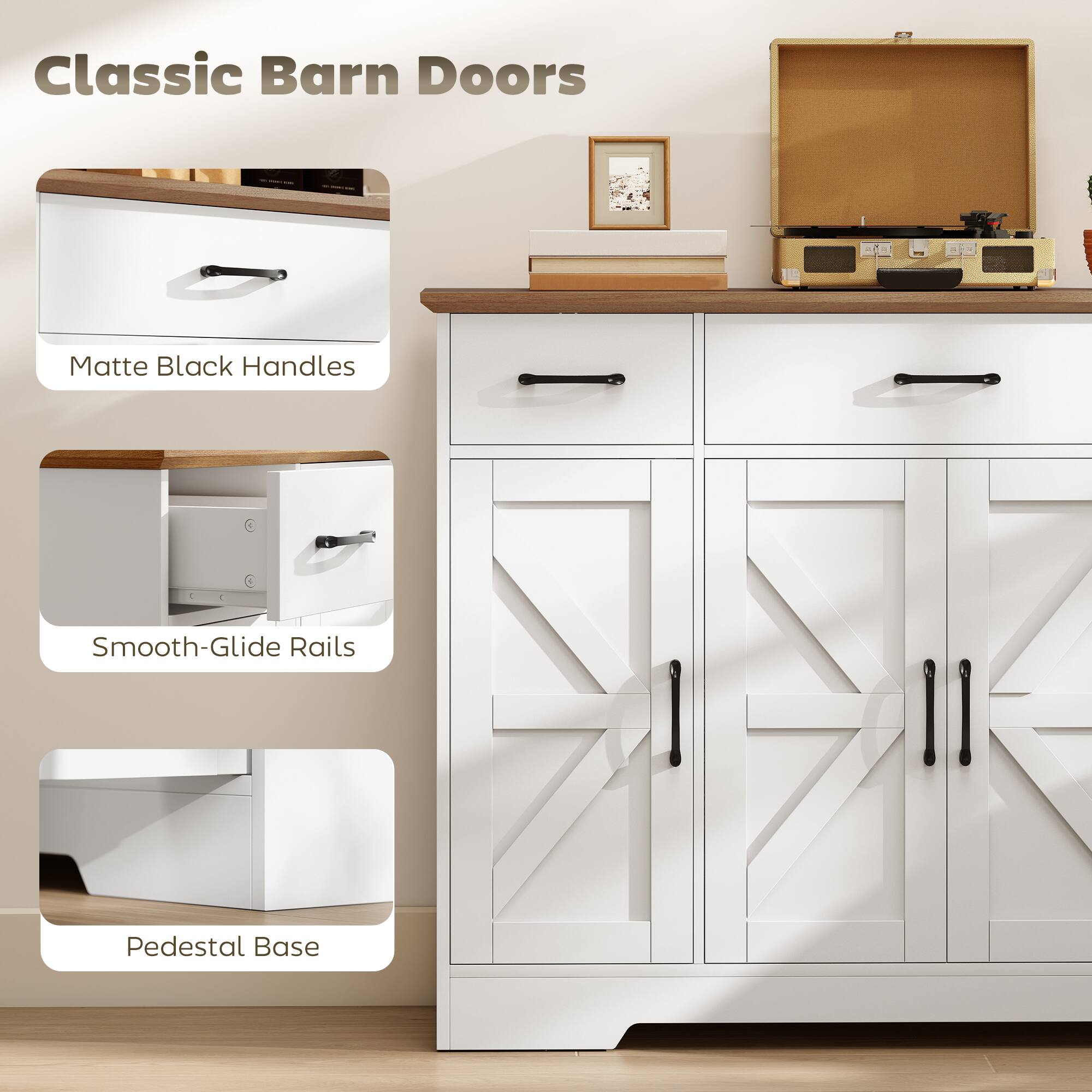Classic Barn Doors Matte Black Handles Smooth-Glide Rails Pedestal Base