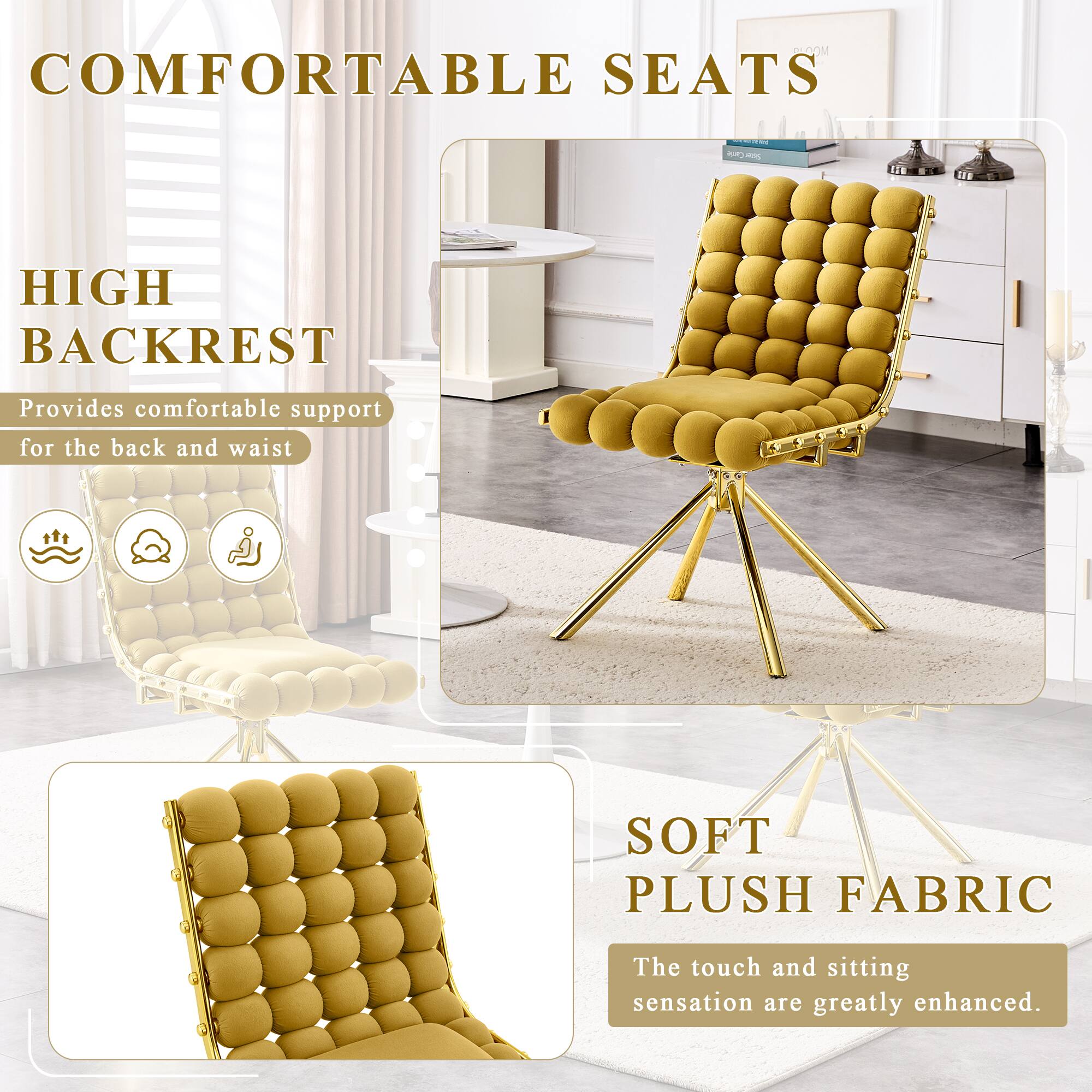 COMFORTABLE SEATS

HIGH BACKREST
Provides comfortable support for the back and waist

SOFT PLUSH FABRIC
The touch and sitting sensation are greatly enhanced.