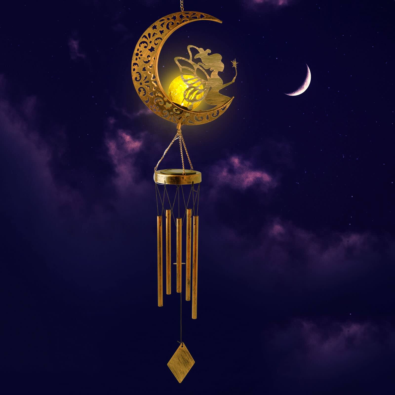 Back. Fabibe - Solar Wind Chimes Moon Fairy Hanging Outdoor Decor Crackle Glass Ball Warm Memorial Light Patio Lawn Yard Gardening - Moon Cat.