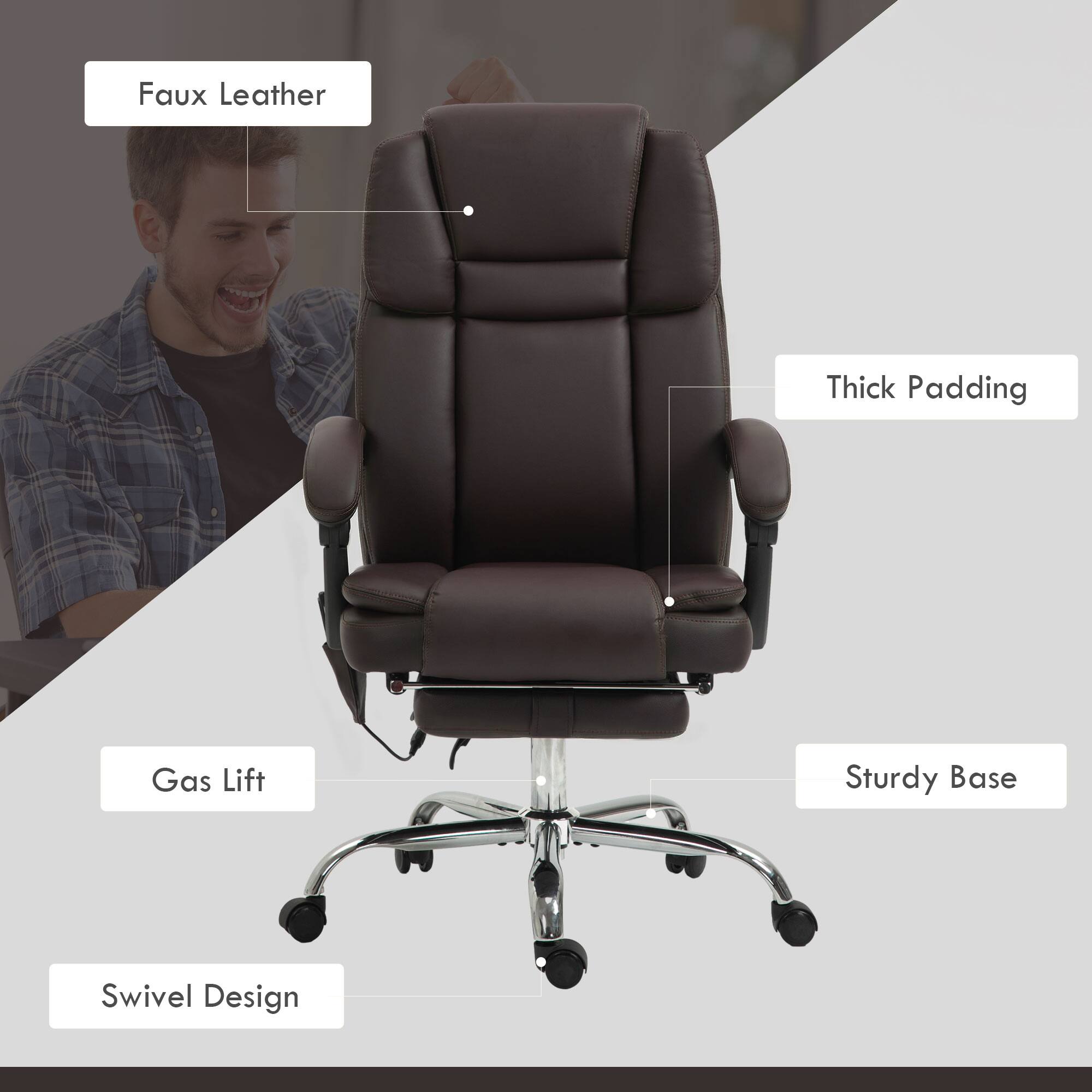 Faux Leather  
Thick Padding  
Gas Lift  
Sturdy Base  
Swivel Design