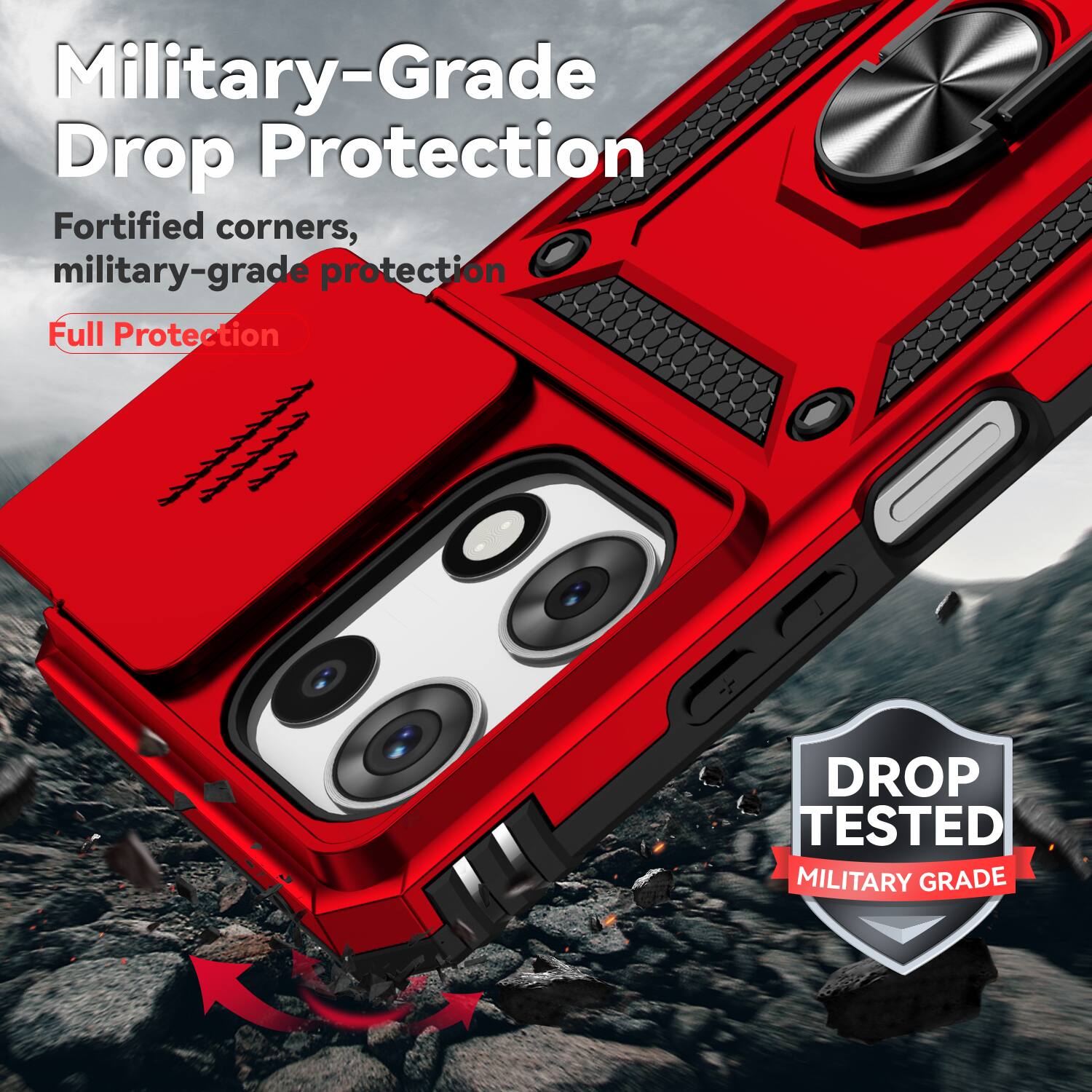 Military-Grade Drop Protection  
Fortified corners, military-grade protection  
Full Protection  

DROP TESTED  
MILITARY GRADE