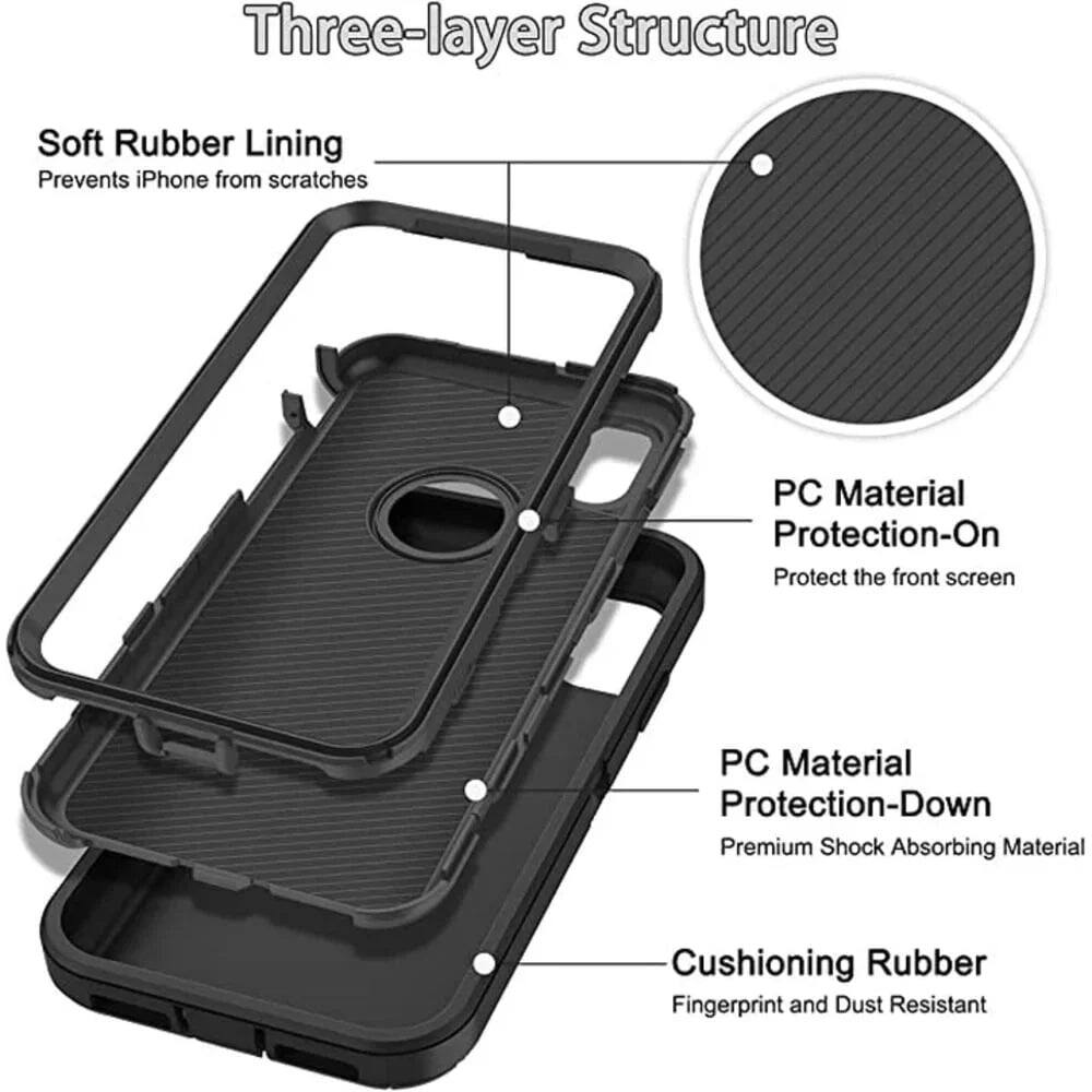 Three-layer Structure
Soft Rubber Lining - Prevents iPhone from scratches
PC Material Protection-On - Protect the front screen
PC Material Protection-Down - Premium Shock Absorbing Material
Cushioning Rubber - Fingerprint and Dust Resistant