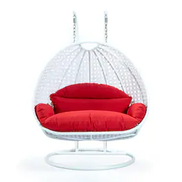 LeisureMod - Modern 2-Person Outdoor Egg Swing White Wicker Chair with Stand, Plush Washable Cushions & Waterproof Cover - Red