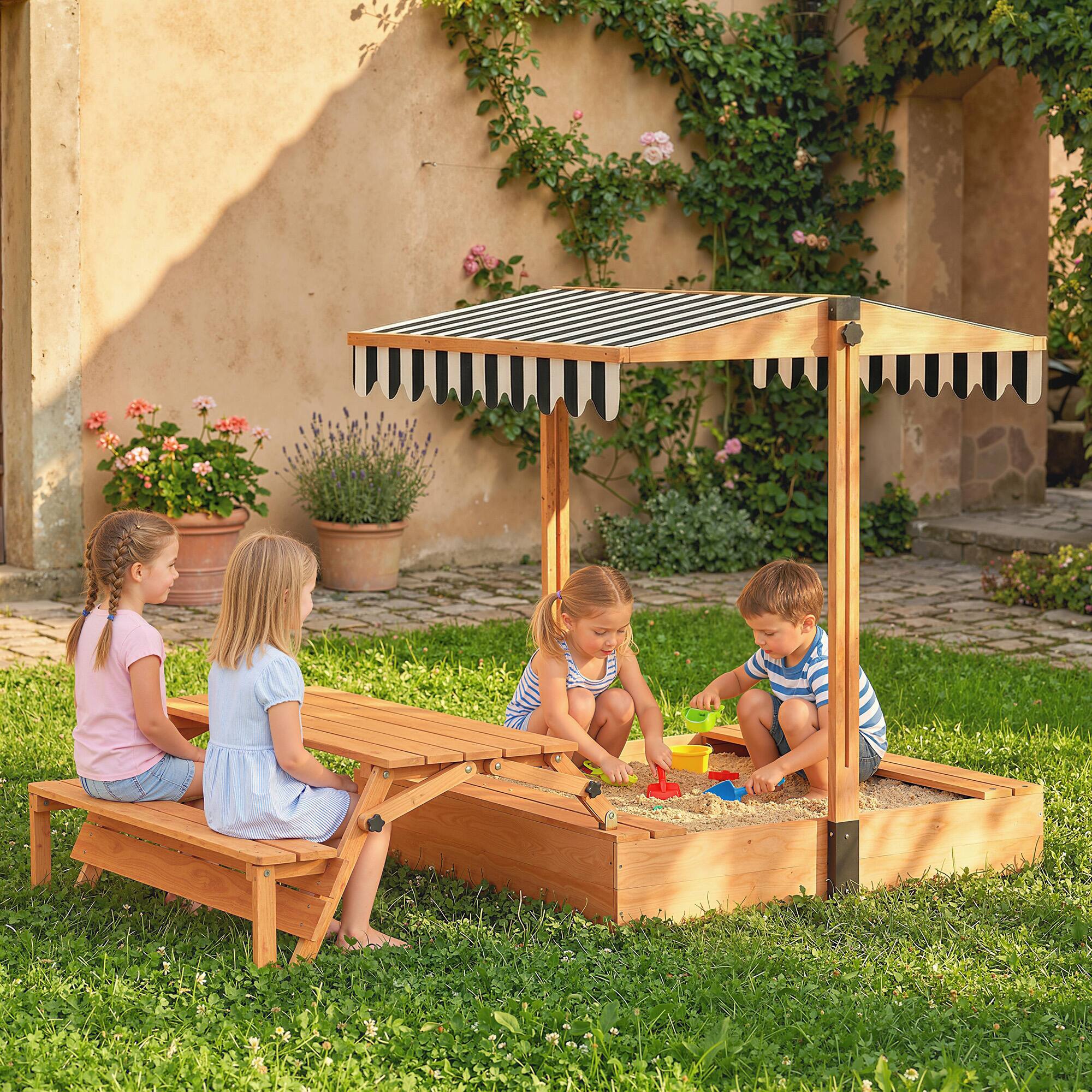 Alt View 1. Qaba - Sandbox with Lid, Wooden Sand Pit with Canopy, Foldable Picnic Table, Bench Seats, Bottom Liner - Brown.