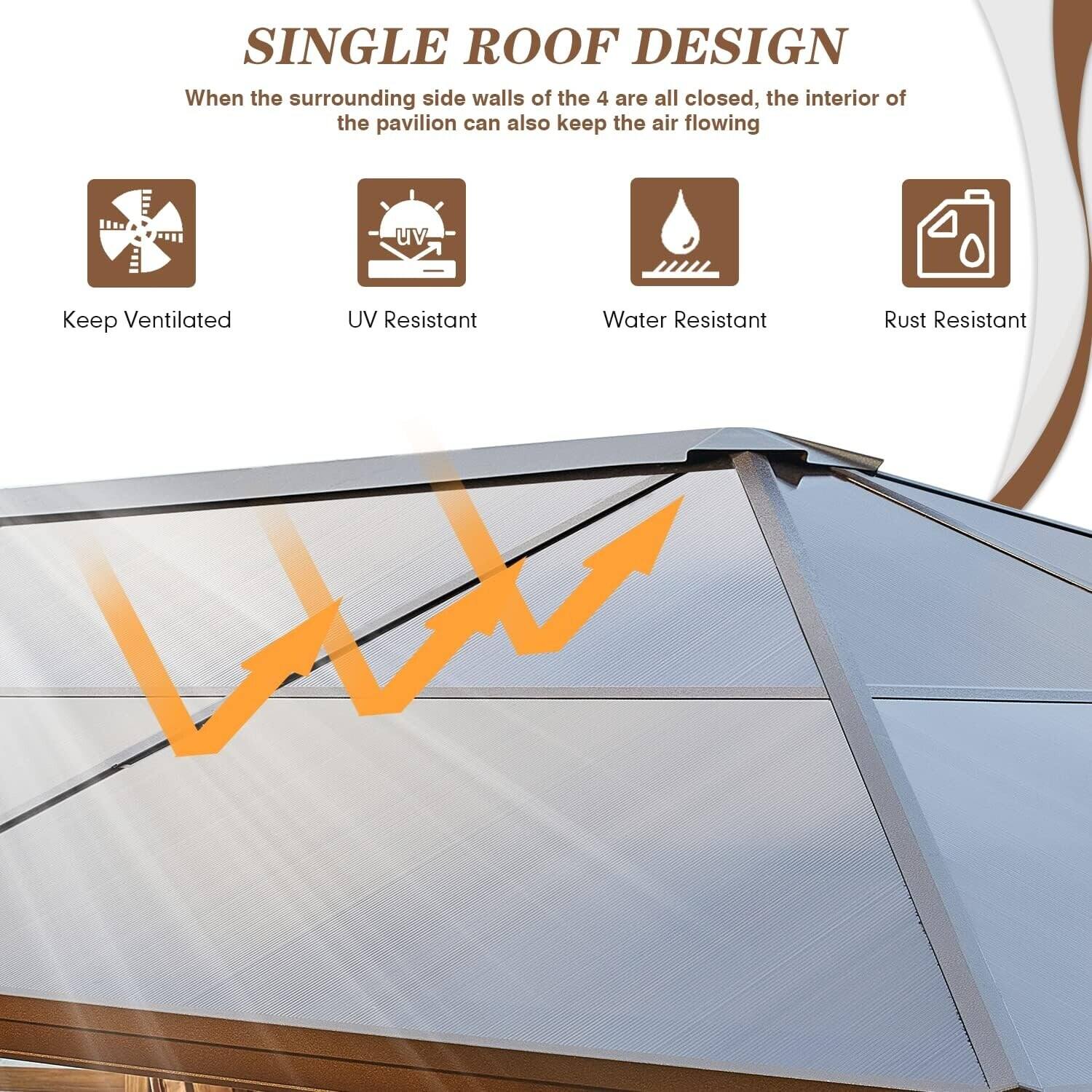 SINGLE ROOF DESIGN

When the surrounding side walls of the 4 are all closed, the interior of the pavilion can also keep the air flowing

- Keep Ventilated
- UV Resistant
- Water Resistant
- Rust Resistant