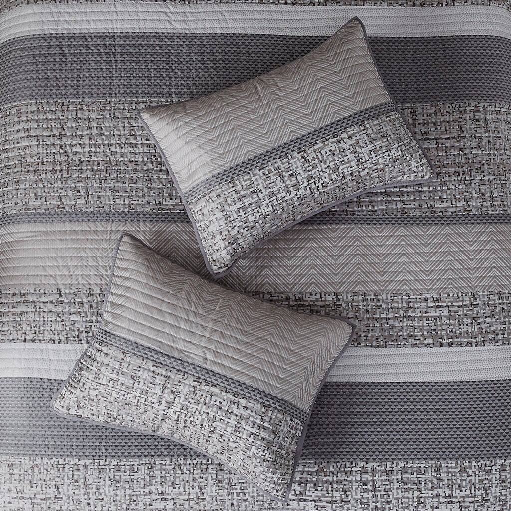 Alt View 3. Gracie Mills - Gracie Mills Hickman 6 Piece Striped Reversible Jacquard Quilt Set with Throw Pillows - Grey/Taupe.
