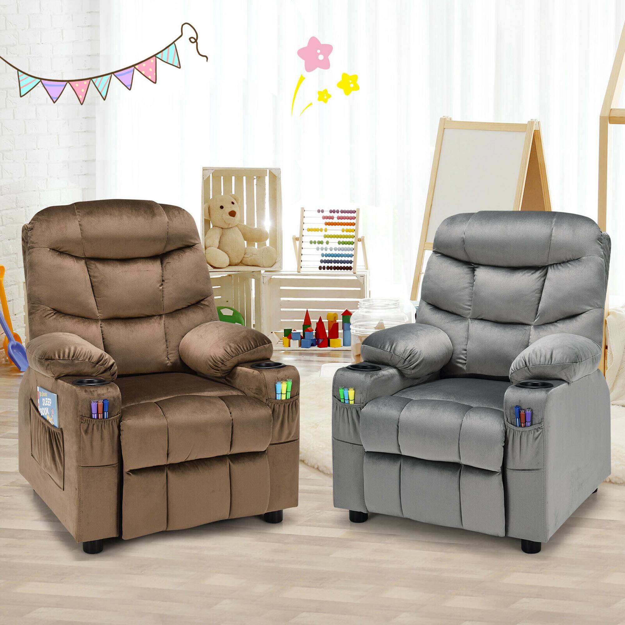 Alt View 4. Costway - Costway Kids Youth Recliner Chair Velvet Fabric w/Cup Holder & Side Pocket - Grey.