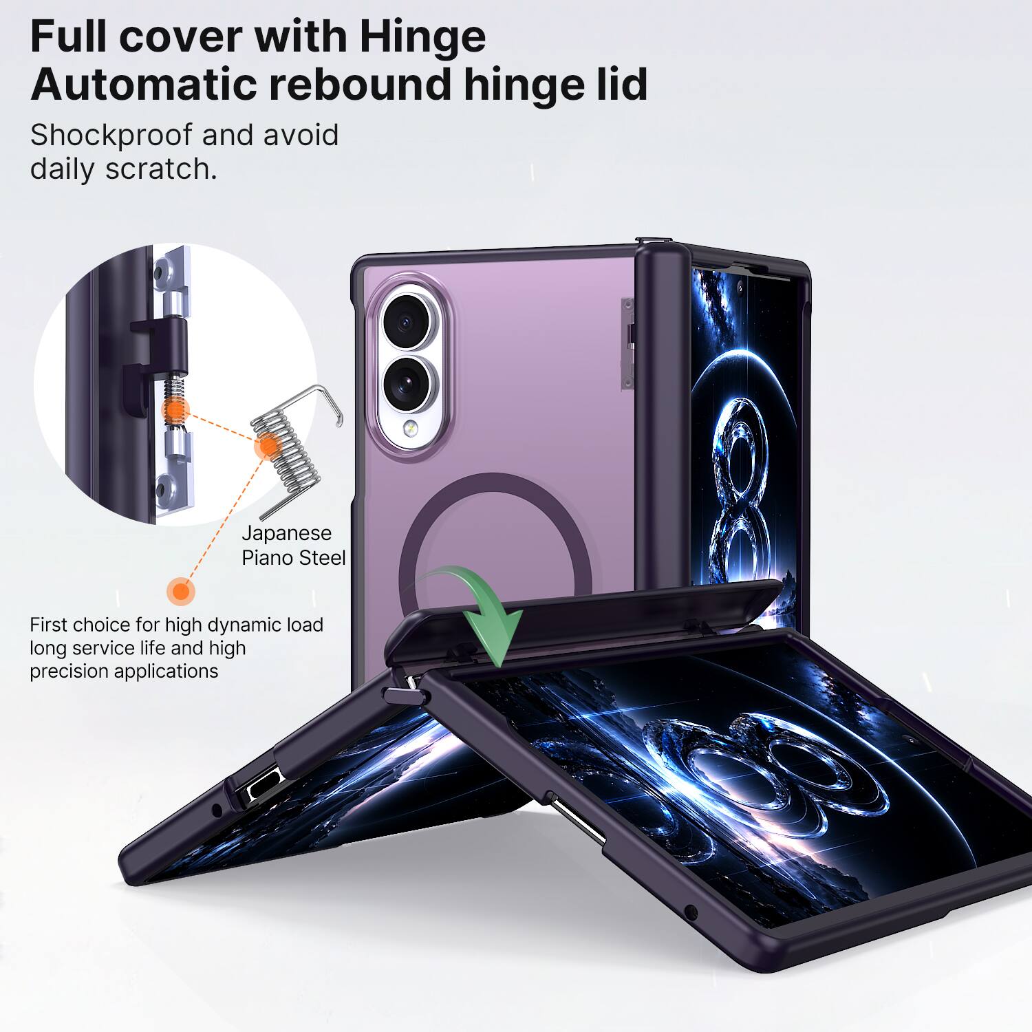 Full cover with Hinge  
Automatic rebound hinge lid  
Shockproof and avoid daily scratch.  

Japanese Piano Steel  
First choice for high dynamic load, long service life, and high precision applications