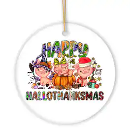OrnamentallyYou - Happy Hallothankmas Cute Festive Pigs Holiday Christmas Ornament Halloween and Thanksgiving Fall - Multi-colored
