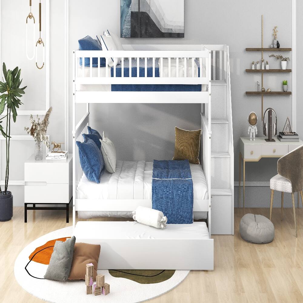 Back. Loheer - Loheer Full Over Full Bunk Bed with Trundle and Stairs, White Solid Wood 3 in 1 Bunk Bed - White.