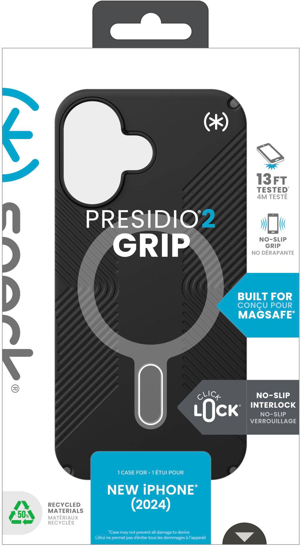 Presidio2 Grip Case for iPhone (2024)

* 13 ft tested
* Built for MagSafe
* No-slip grip
* No-slip interlock lock
* 1 case for 1 phone
* 50% recycled materials
* New iPhone (2024)
* Case may not prevent all damage to device