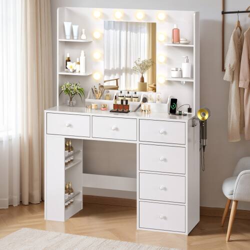 Winado - 6 Drawers Vanity Dressing Table Wooden LED Light Mirror Power Port, Hidden Storage Side Shelves Xmas Gift - White