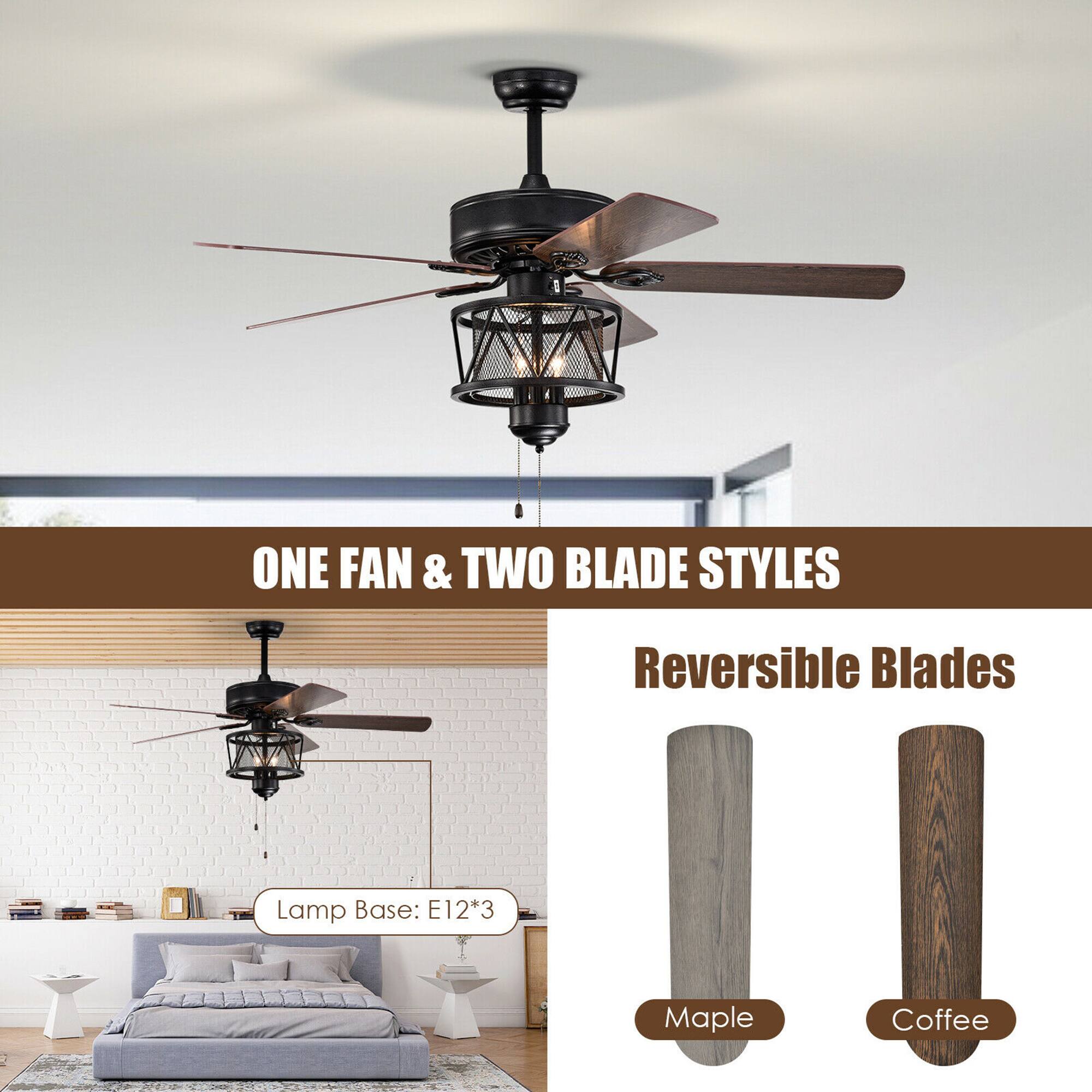 ONE FAN & TWO BLADE STYLES Reversible Blades Lamp Base: E12*3 Maple Coffee