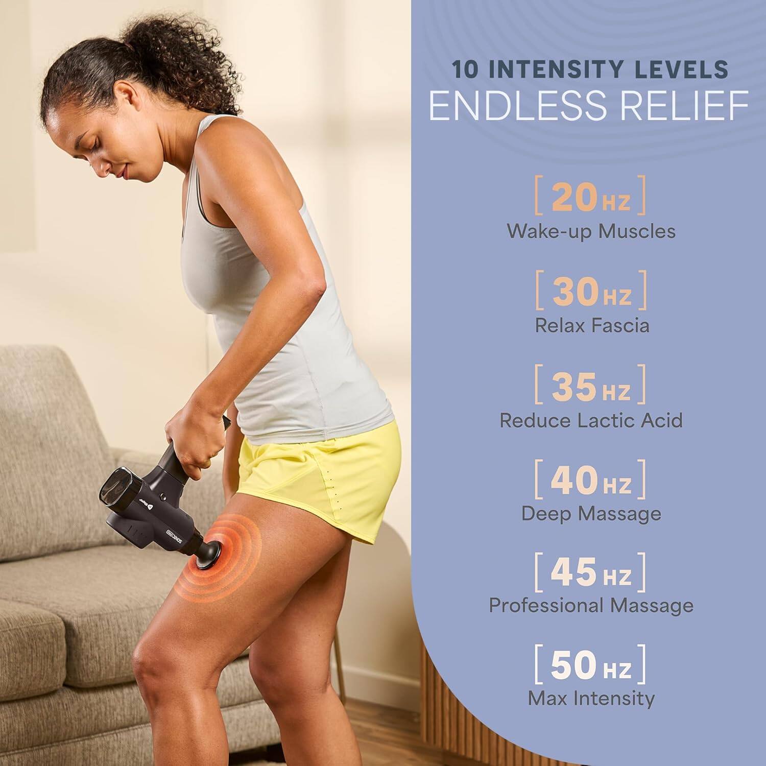 10 INTENSITY LEVELS ENDLESS RELIEF

[20 Hz] Wake-up Muscles

[30 Hz] Relax Fascia

[35 Hz] Reduce Lactic Acid

[40 Hz] Deep Massage

[45 Hz] Professional Massage

[50 Hz] Max Intensity