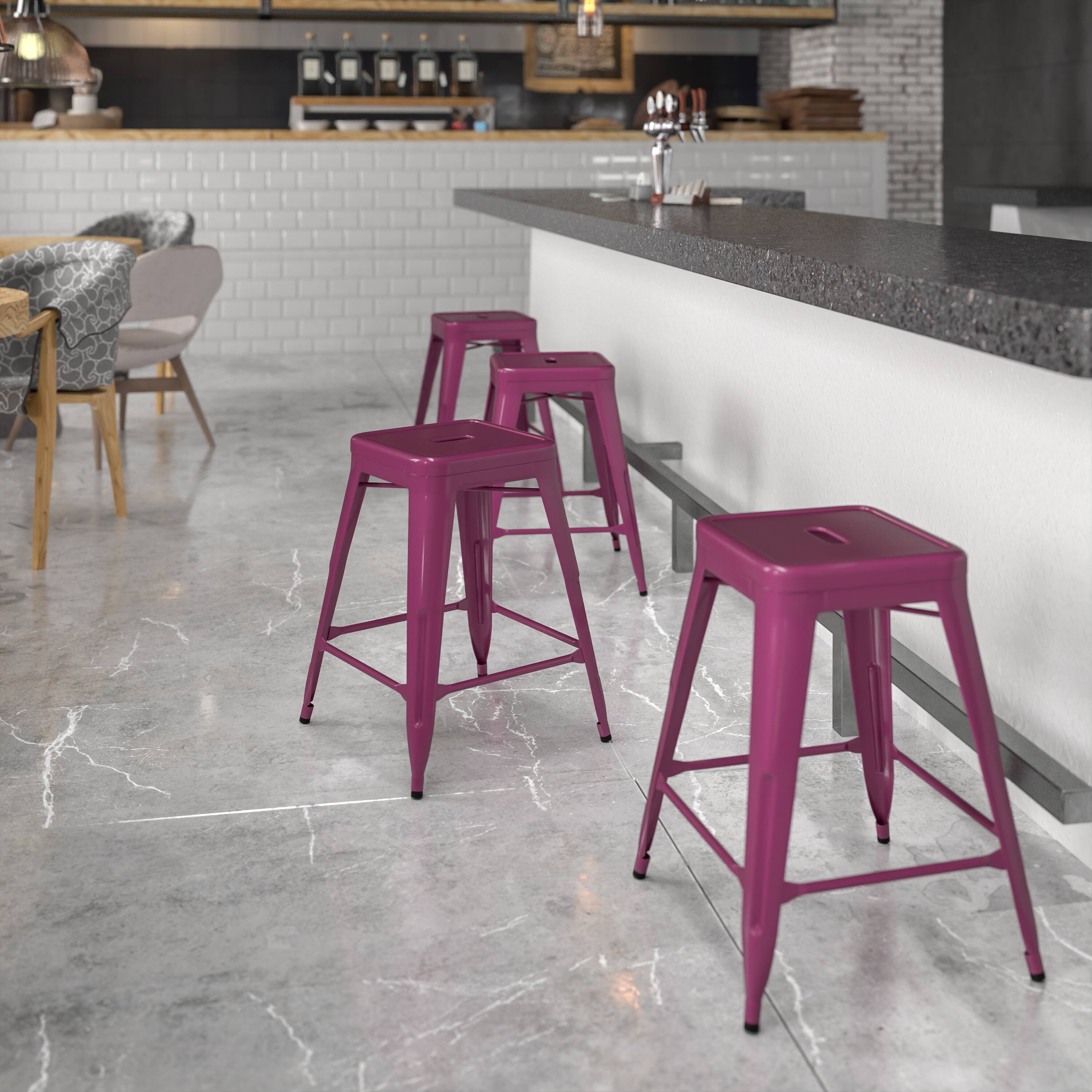 Alt View 1. Emma + Oliver - Commercial Grade 24"H Backless Metal Indoor-Outdoor Counter Stool w/ Square Seat - Purple.