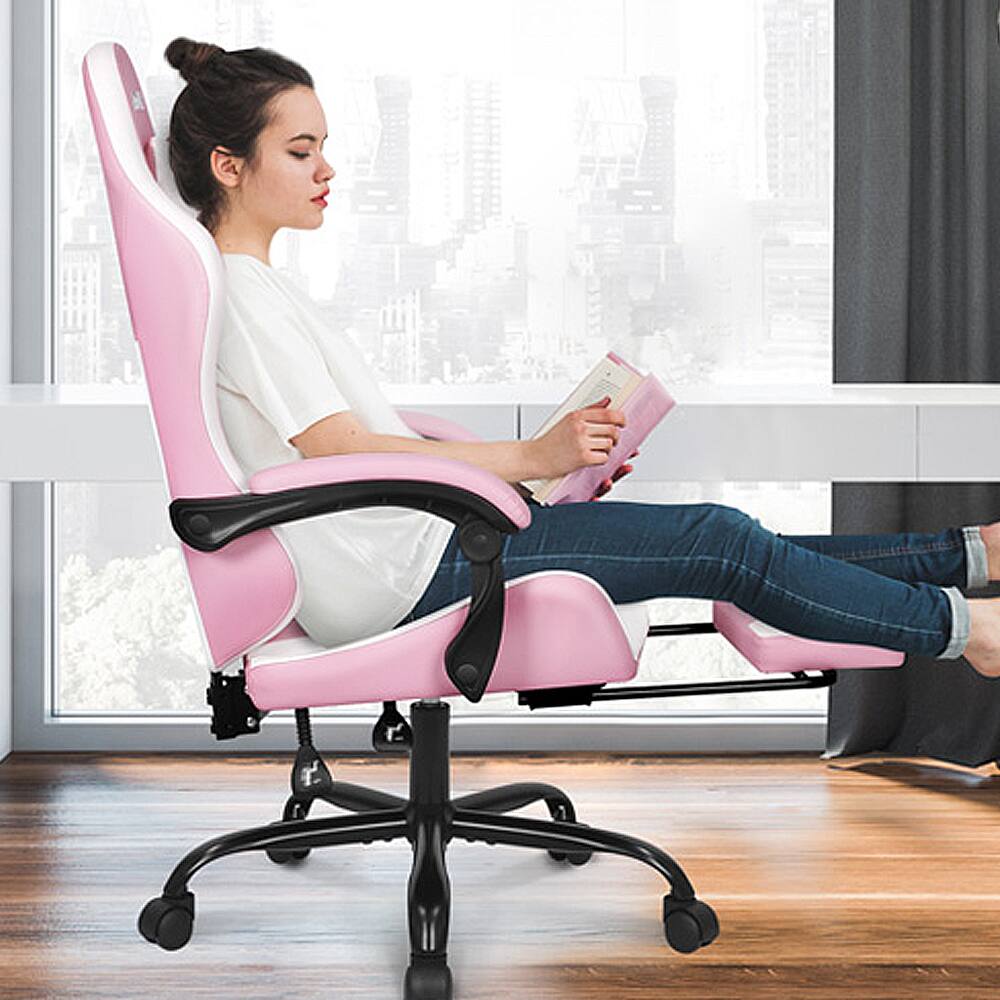 Alt View 1. Neo Chair - Gaming Chair with Footrest, High Back Ergonomic Office Computer Desk Chair, Lumbar Support, PU Leather Recliner - Pink.
